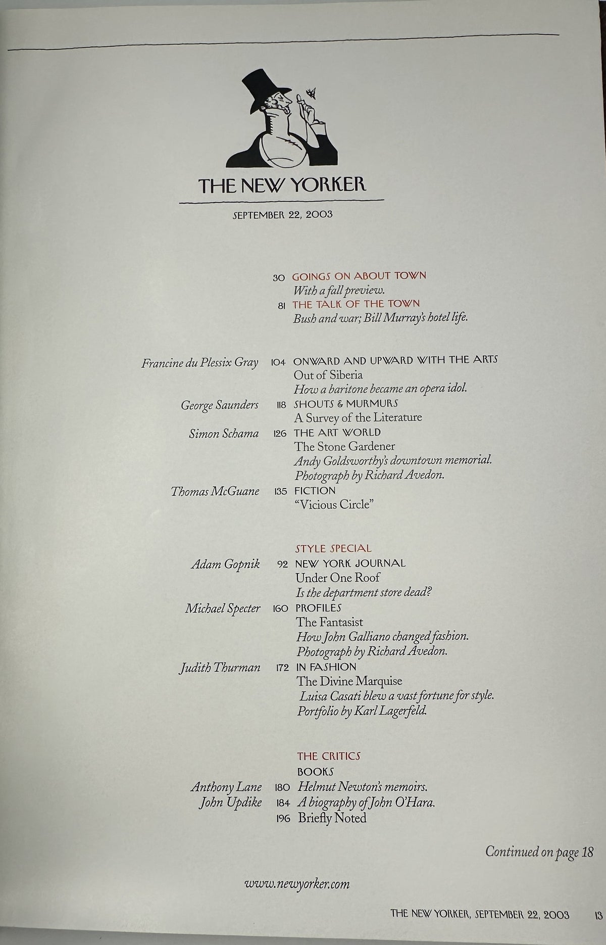 The New Yorker Magazine September 22, 2003 Optical Illusion Darts Michael Roberts Cover VG, showing the interior table of contents page with articles, departments, and contributors.