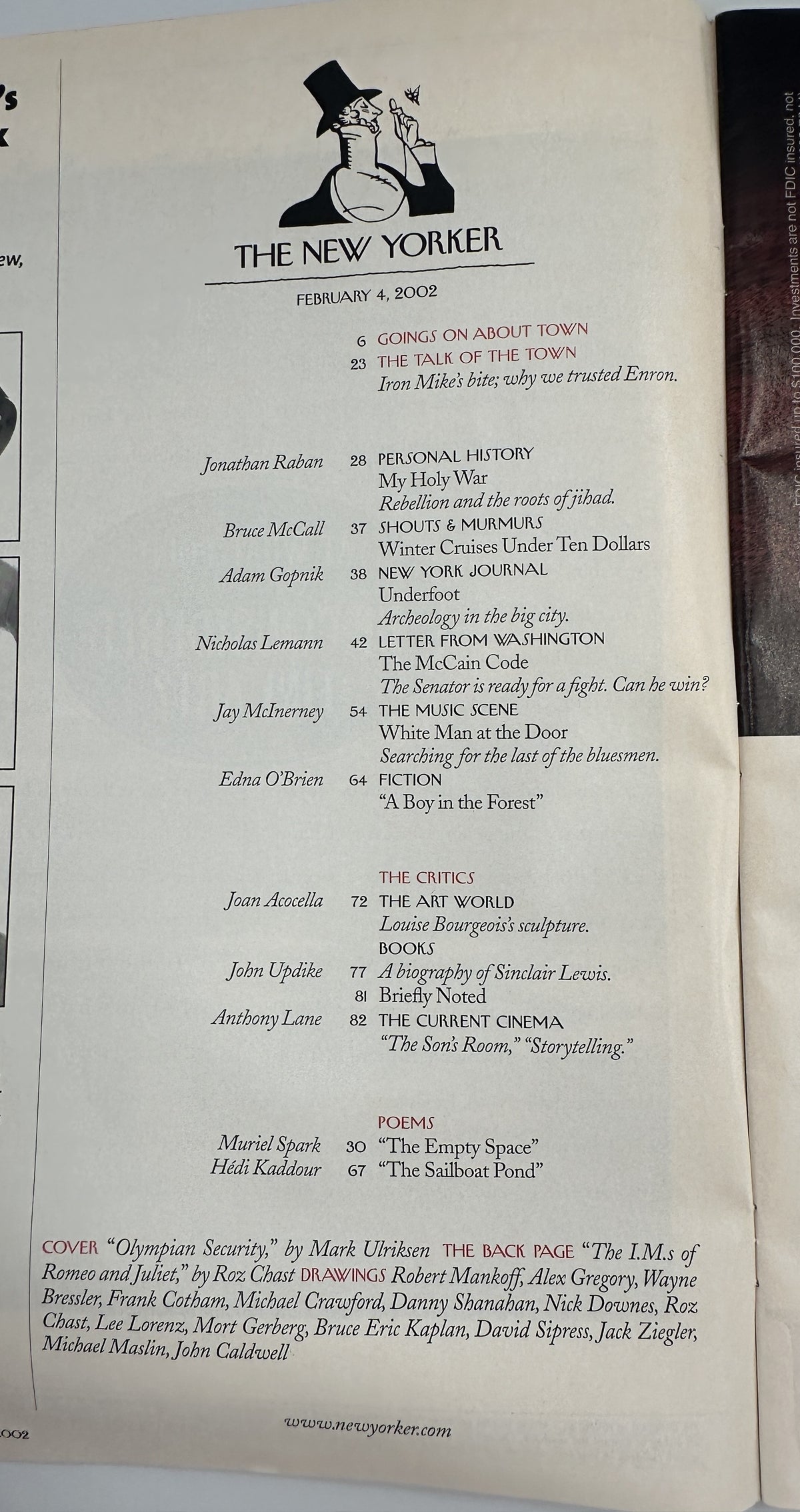 The New Yorker Magazine February 4, 2002 Olympian Security Mark Ulriksen Cover VG, open to the table of contents page listing articles, fiction, poems, reviews, and cartoons.