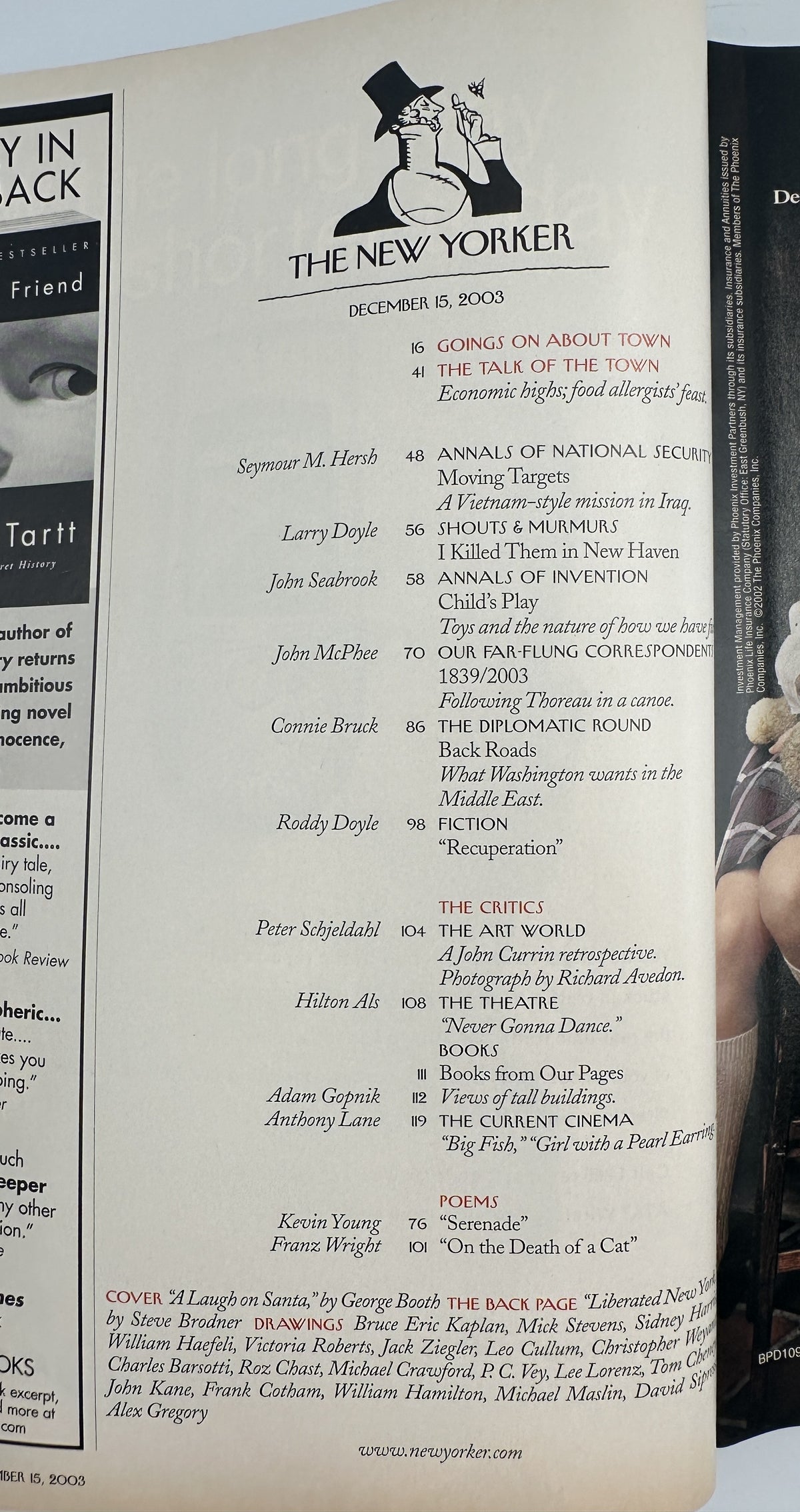 The New Yorker Magazine December 15, 2003 Santa Dog Mirror George Booth Cover VG, interior table of contents page showing featured articles, fiction, poems, and reviews.