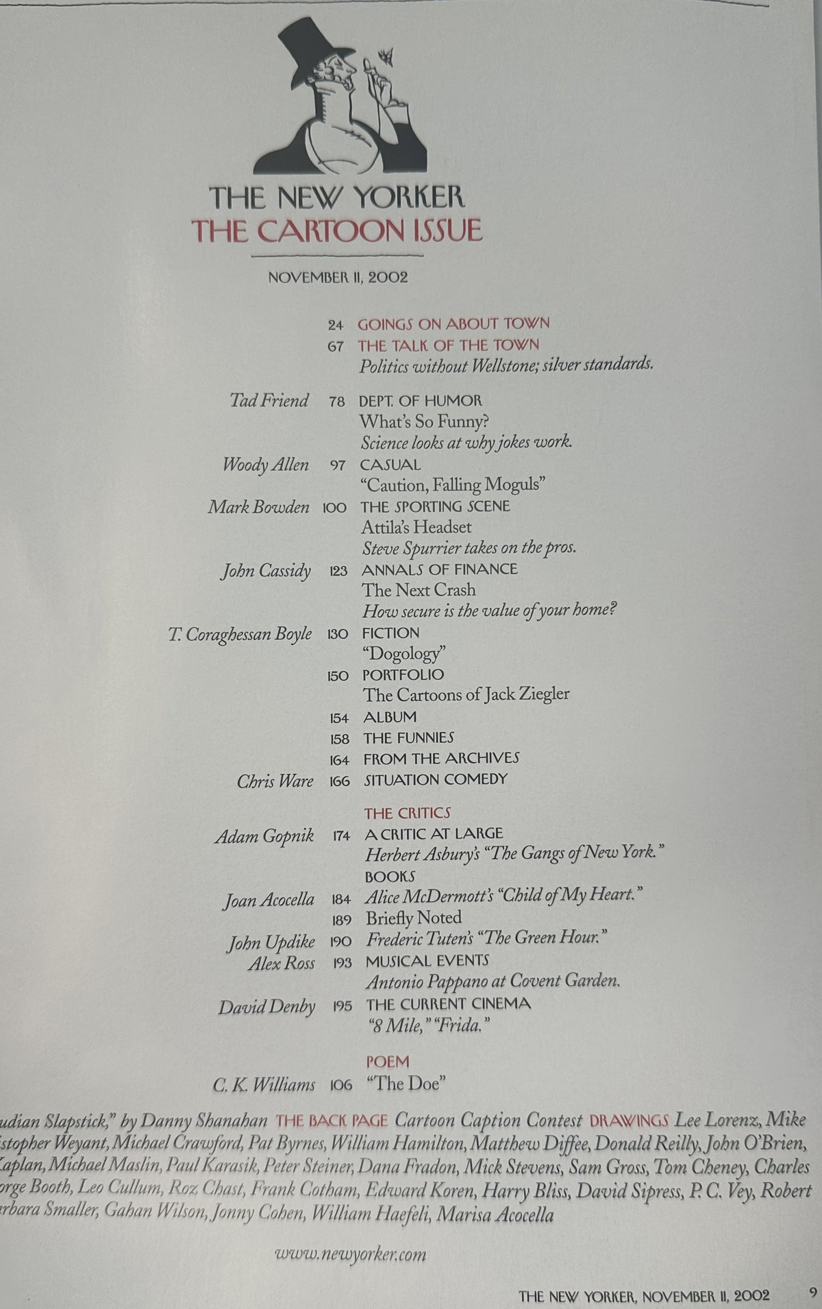 The New Yorker Magazine November 11, 2002 Therapist Patient Cartoon Danny Shanahan Cover VG, table of contents page listing magazine articles, departments, fiction, cartoons, and reviews.