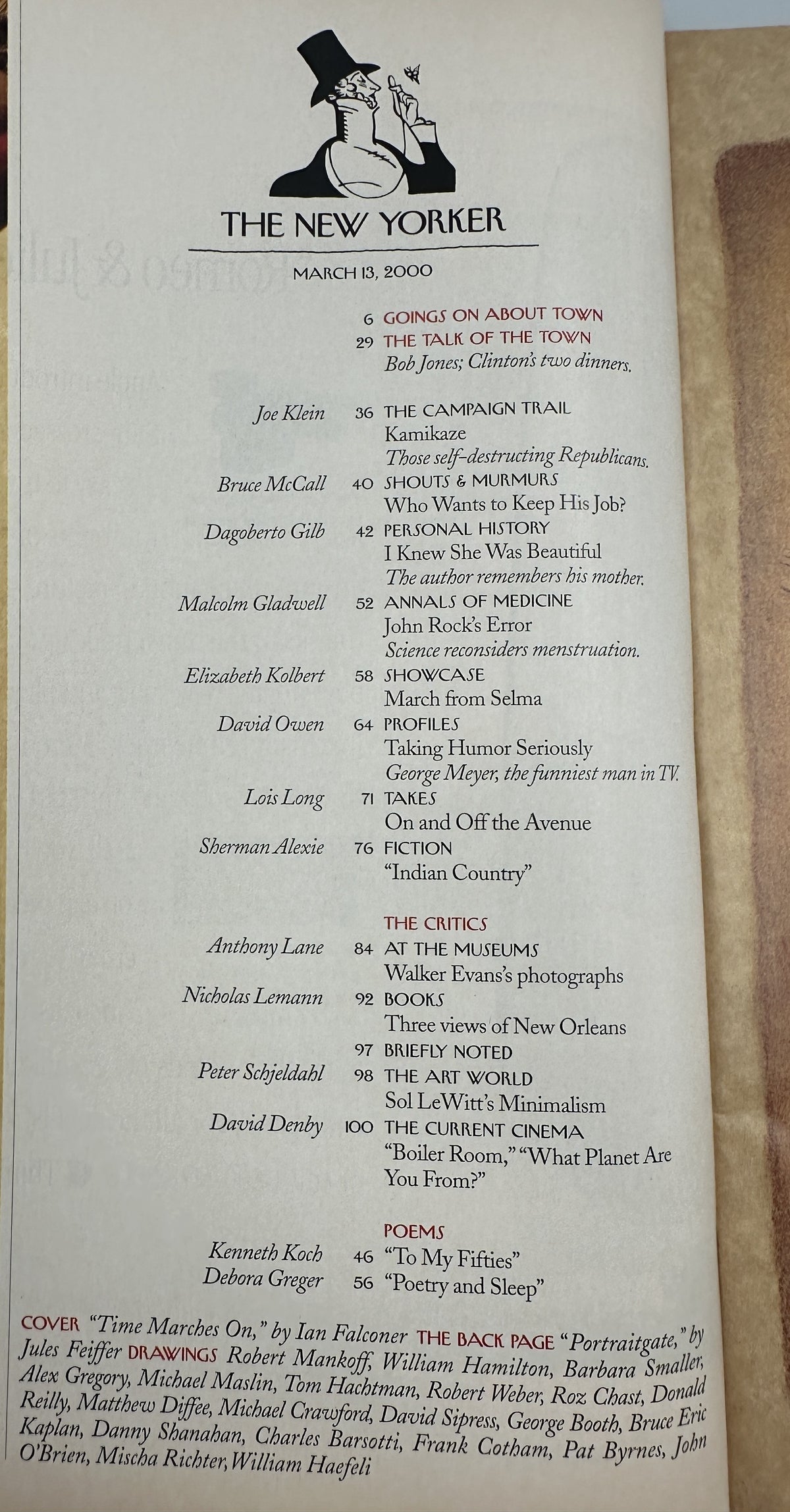 The New Yorker Magazine March 13, 2000 Evolution Silhouettes Ian Falconer Cover, interior table of contents page with articles, fiction, poems, critics, and drawings listings.