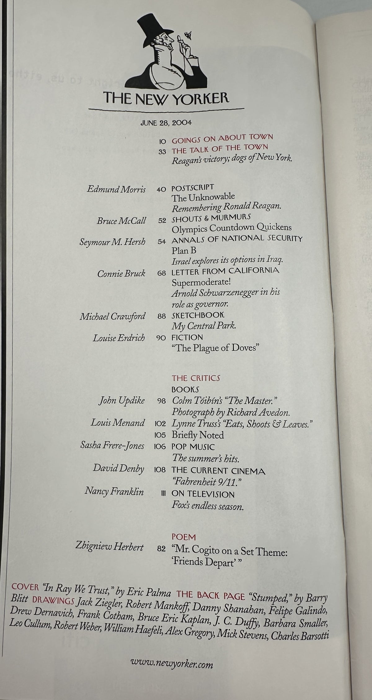 The New Yorker Magazine June 28, 2004 Ray Charles Ten Dollar Eric Palma Cover VG, showing the printed table of contents page with featured articles, fiction, criticism, poem, cover, and drawings.