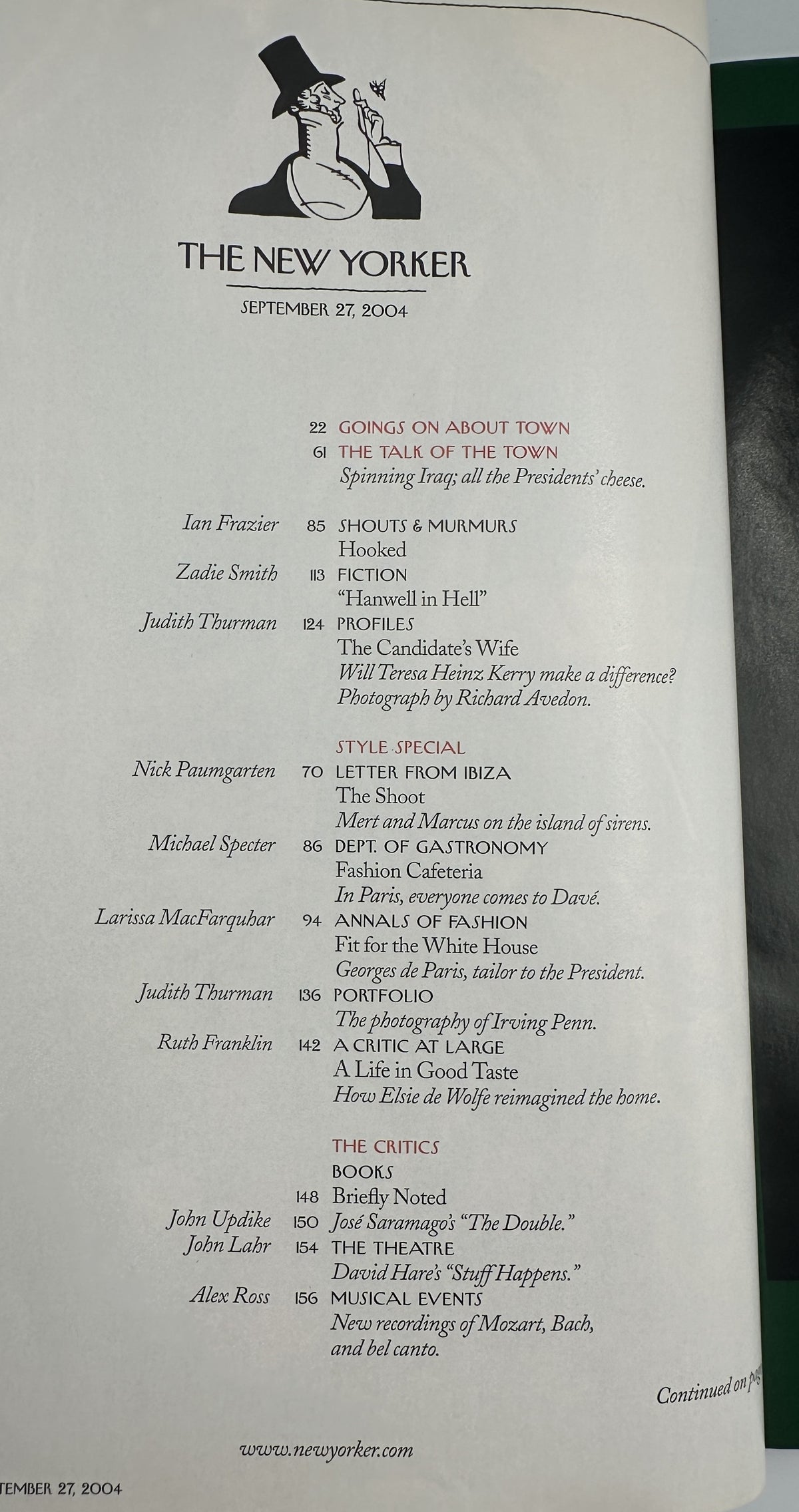 The New Yorker Magazine September 27, 2004 Brought to Heel Ana Juan Cover VG, showing the printed table of contents page with articles, fiction, fashion, and criticism sections