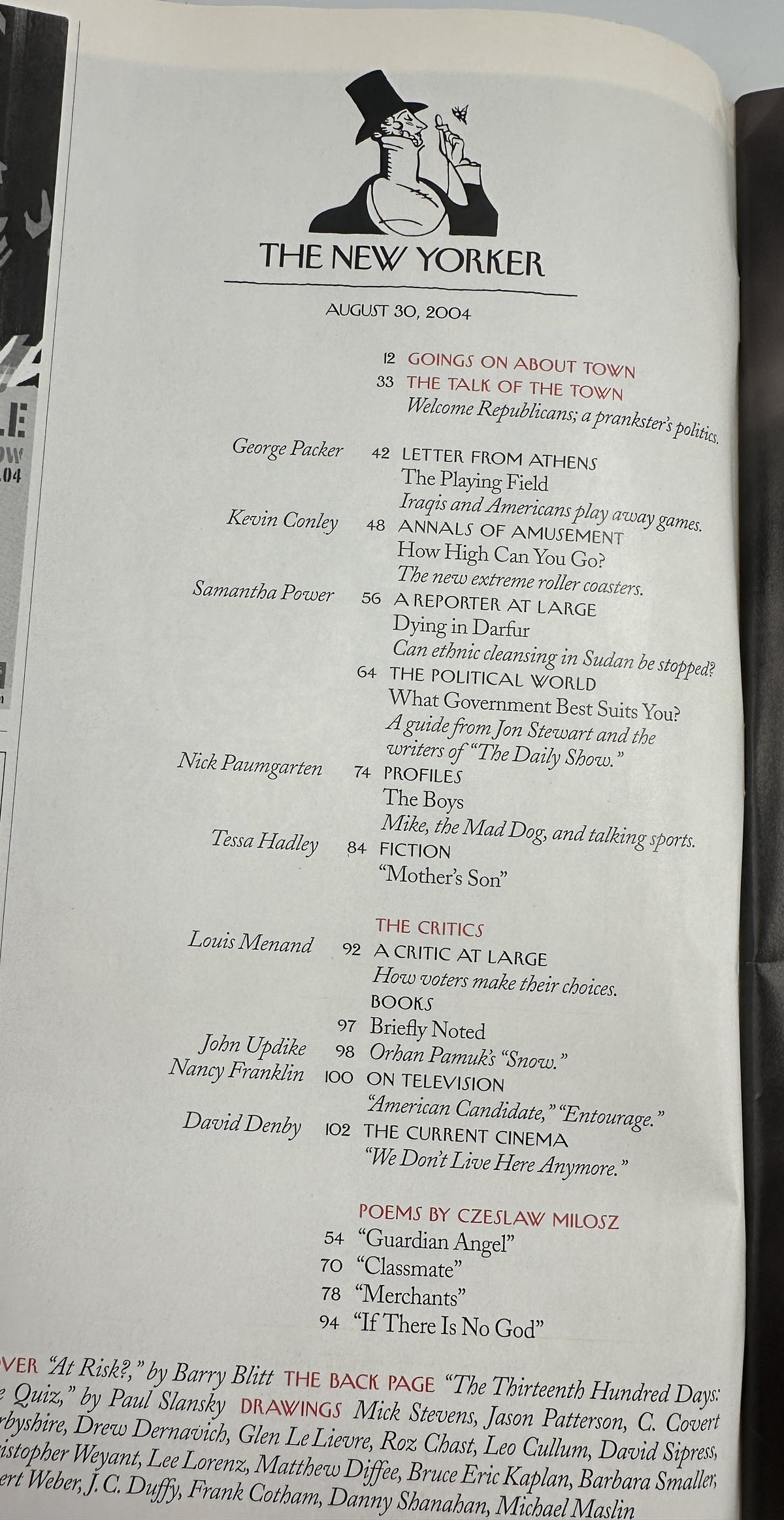 The New Yorker Magazine August 30, 2004 Doctor Exam Alert Barry Blitt Cover VG, showing the issue's table of contents with articles, fiction, criticism, poems, and cartoons.