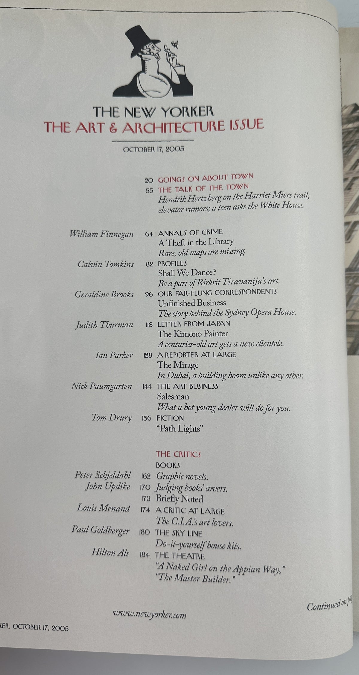 The New Yorker Magazine October 17, 2005 Museum Gallery Architecture Richard McGuire Cover VG, table of contents page for the Art and Architecture issue.