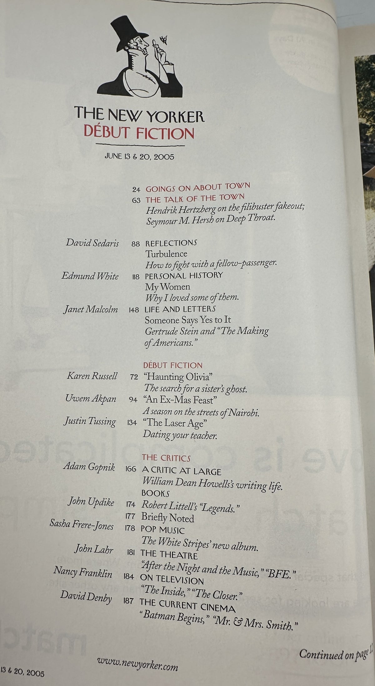 The New Yorker Magazine June 13 & 20, 2005 Début on the Beac Ana Juan Cover VG, showing the Début Fiction table of contents page with featured writers and stories.