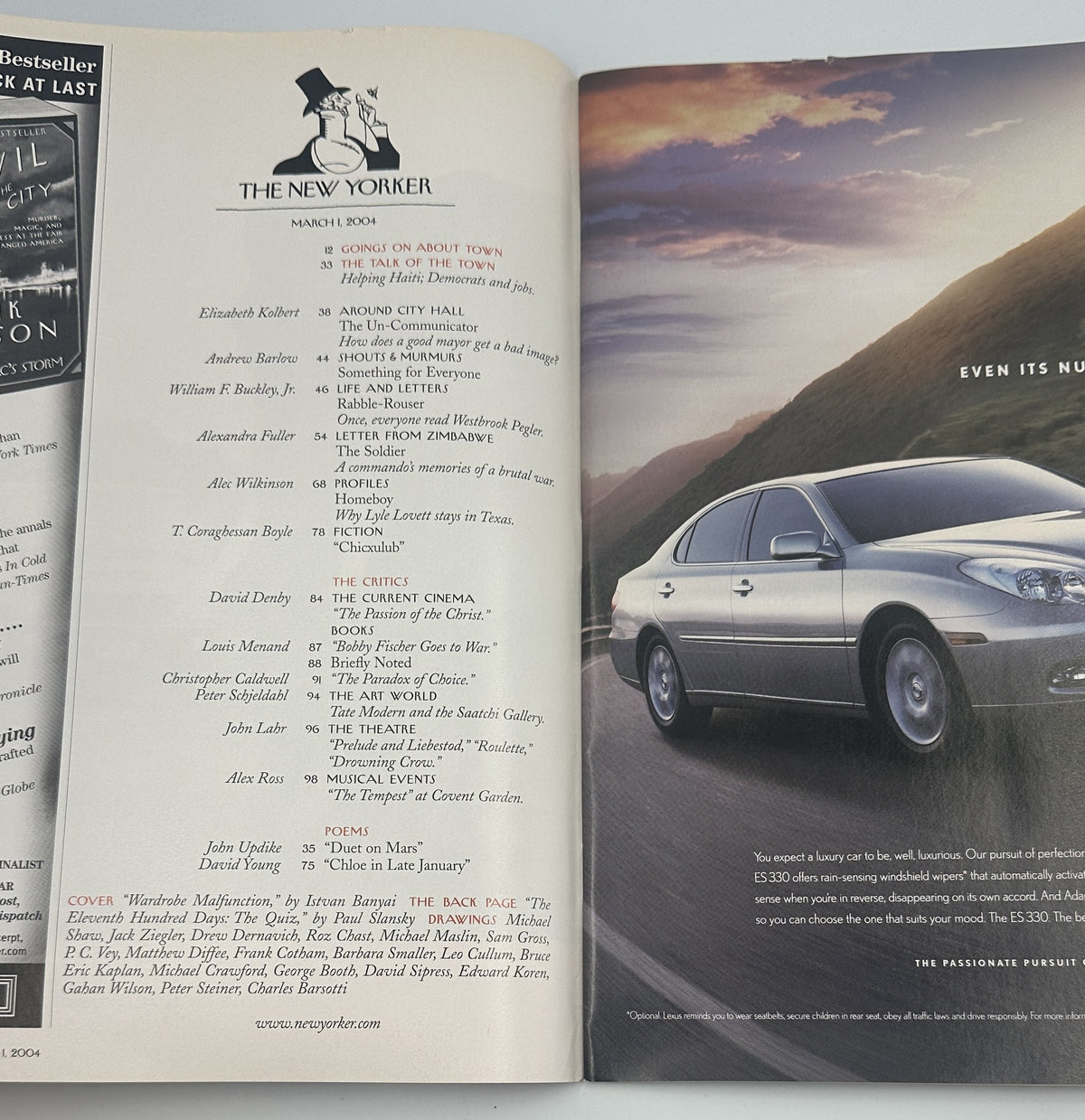 The New Yorker Magazine March 1, 2004 Wardrobe Malfunction Istvan Banyai Cover interior showing the table of contents alongside a full-page luxury car advertisement.