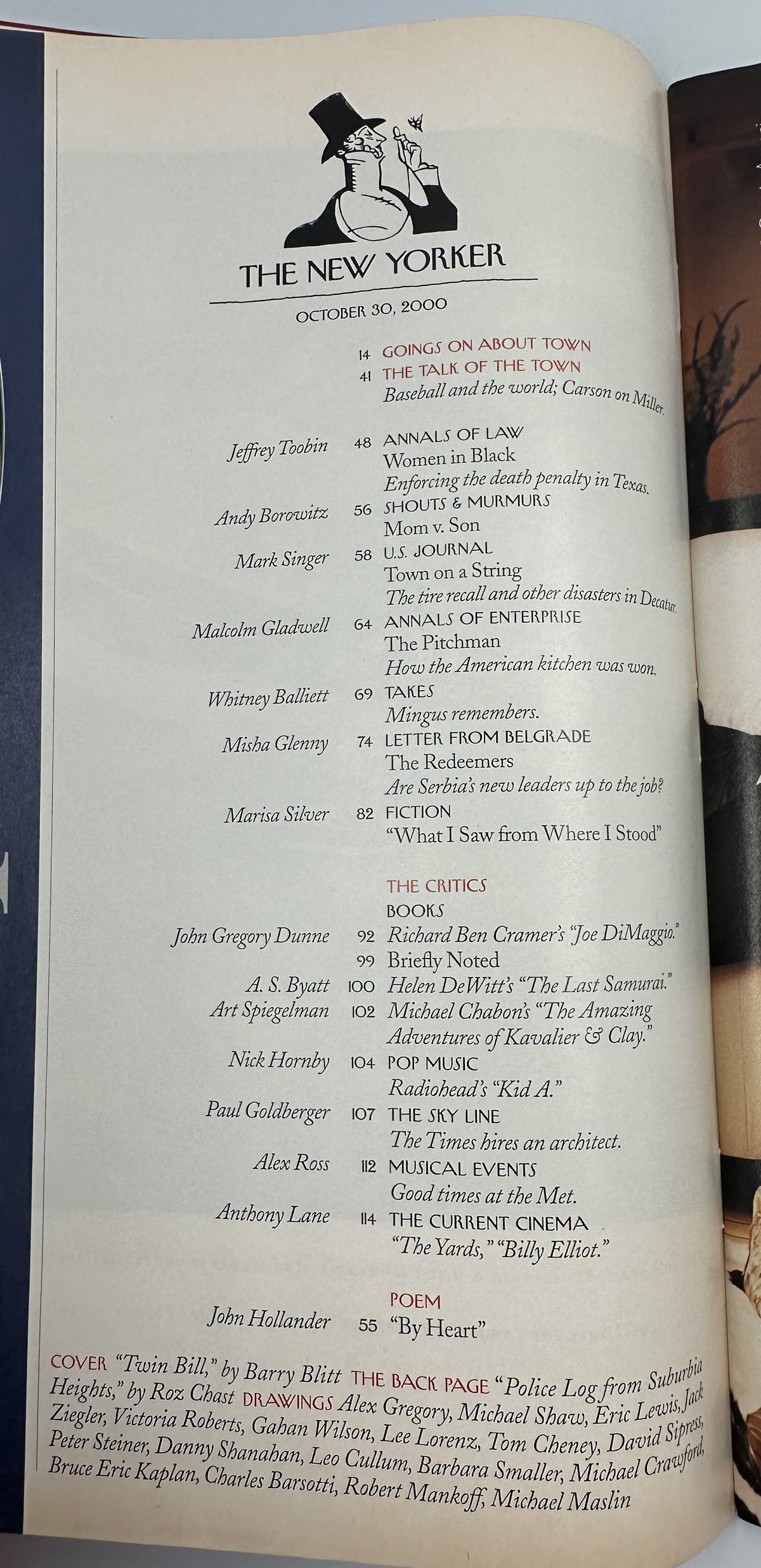 The New Yorker Magazine October 30, 2000 Baseball Caps Twin Bill Barry Blitt Cover, interior table of contents page showing articles, fiction, reviews, poem, and cover details.