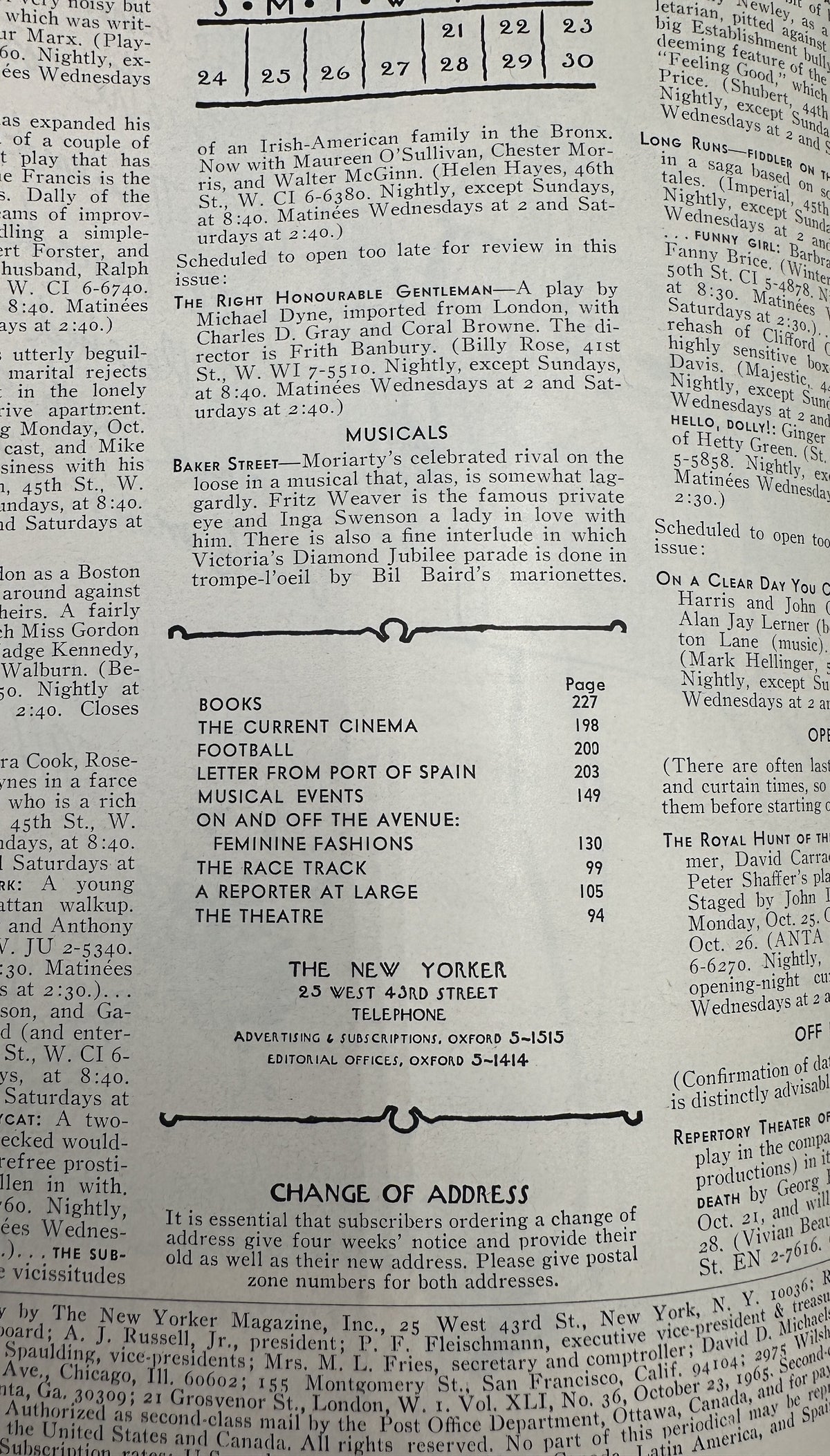 Table of contents page from The New Yorker Magazine October 23, 1965 Floral Fabric Fashion Charles D. Saxon Cover, listing articles including feminine fashions, football, musical events, and books.