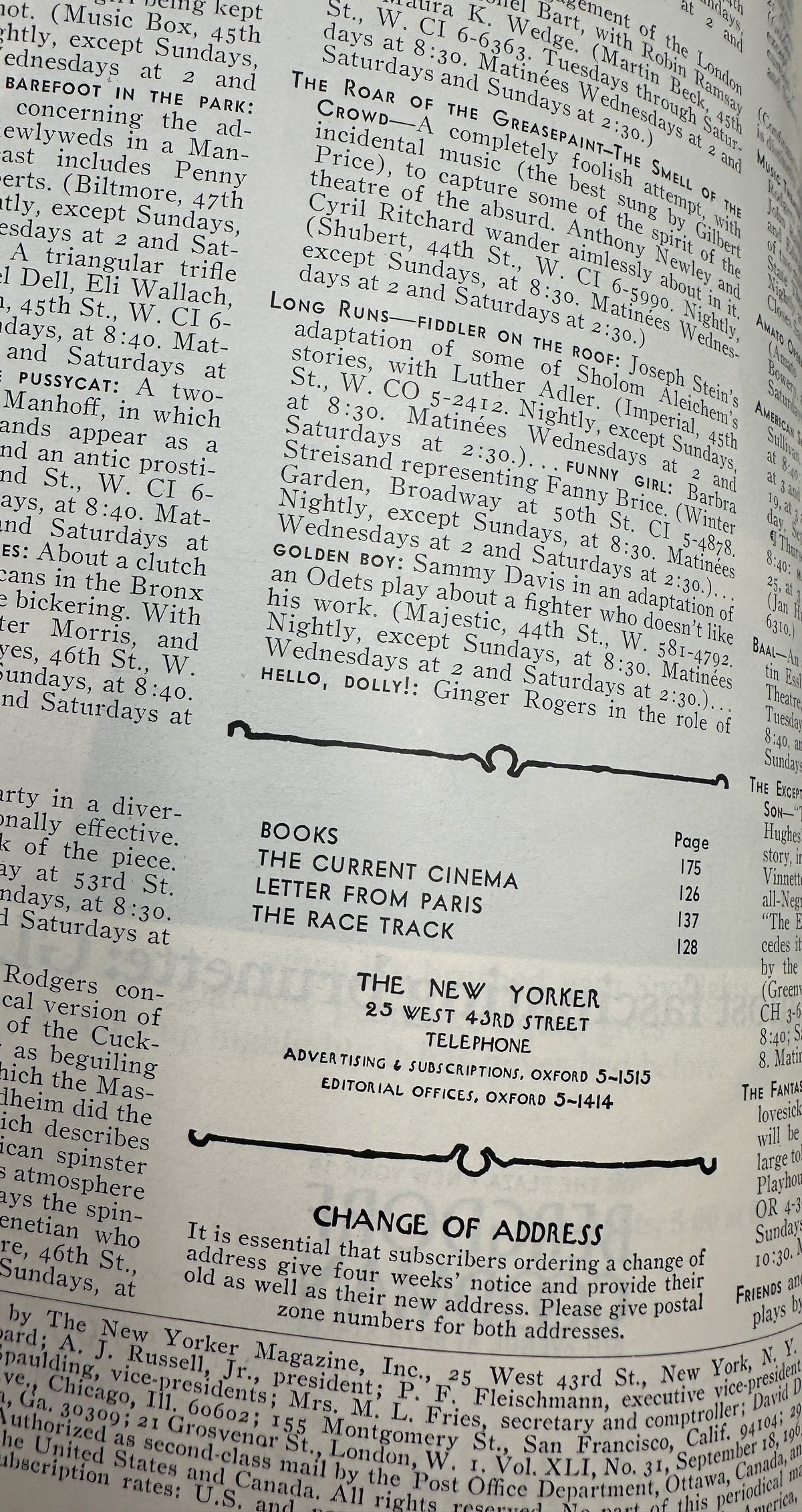 The New Yorker Magazine September 18, 1965 Dog Sunset Landscape André François Cover, showing an interior contents page with listings for Books, The Current Cinema, Letter from Paris, and The Race Track.