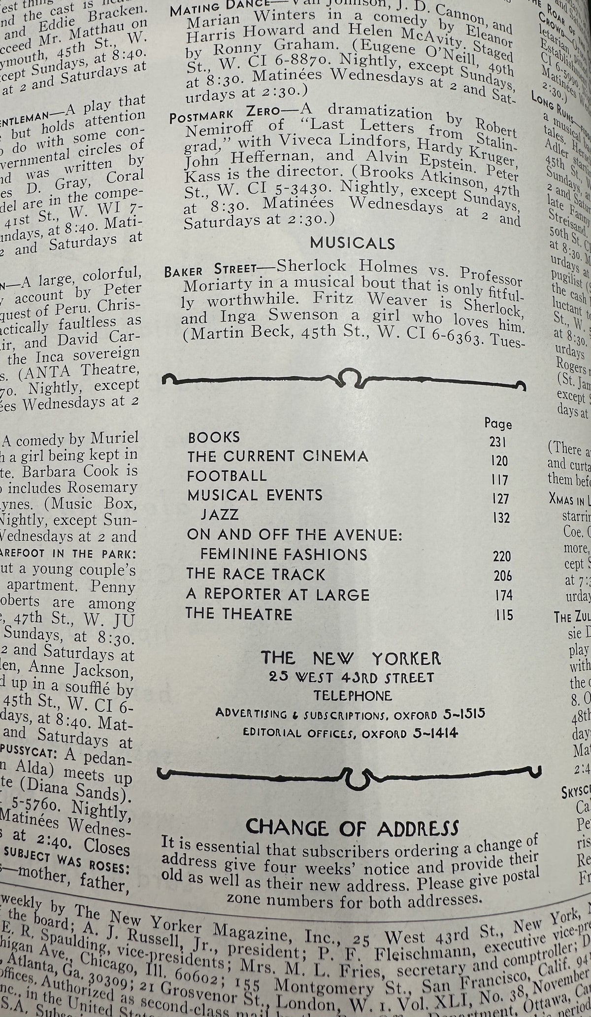 The New Yorker Magazine November 6, 1965 Hunting Dogs Field Ilonka Karasz Cover, showing the magazine table of contents and Change of Address notice page.