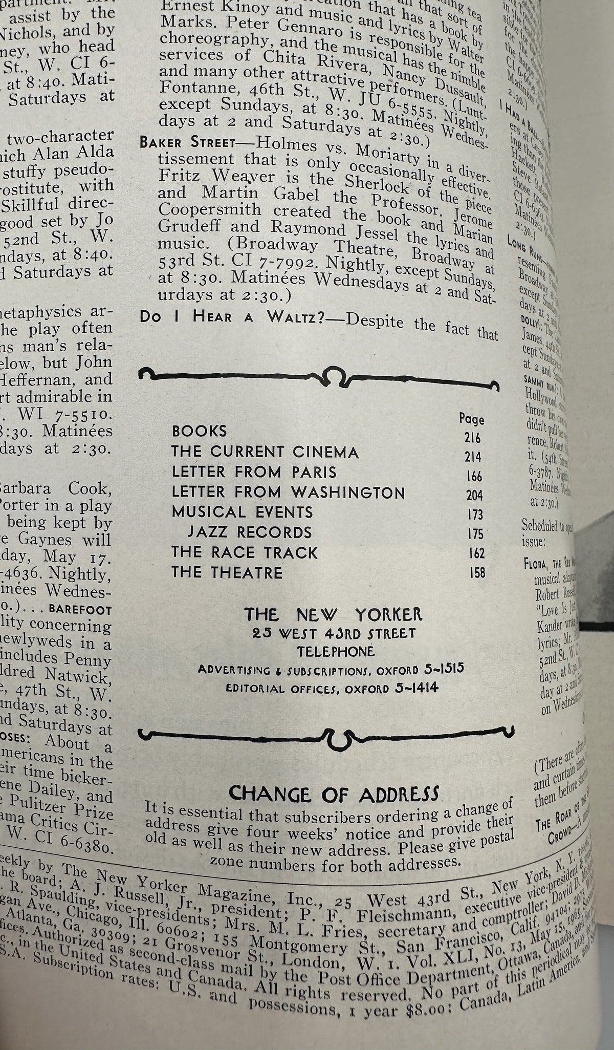 Interior table of contents page from The New Yorker Magazine May 15, 1965 Colorful Spring Hats Anatol Kovarsky Cover, featuring listings for Books, The Current Cinema, Letters from Paris and Washington, Musical Events, Jazz Records, The Race Track, and The Theatre.