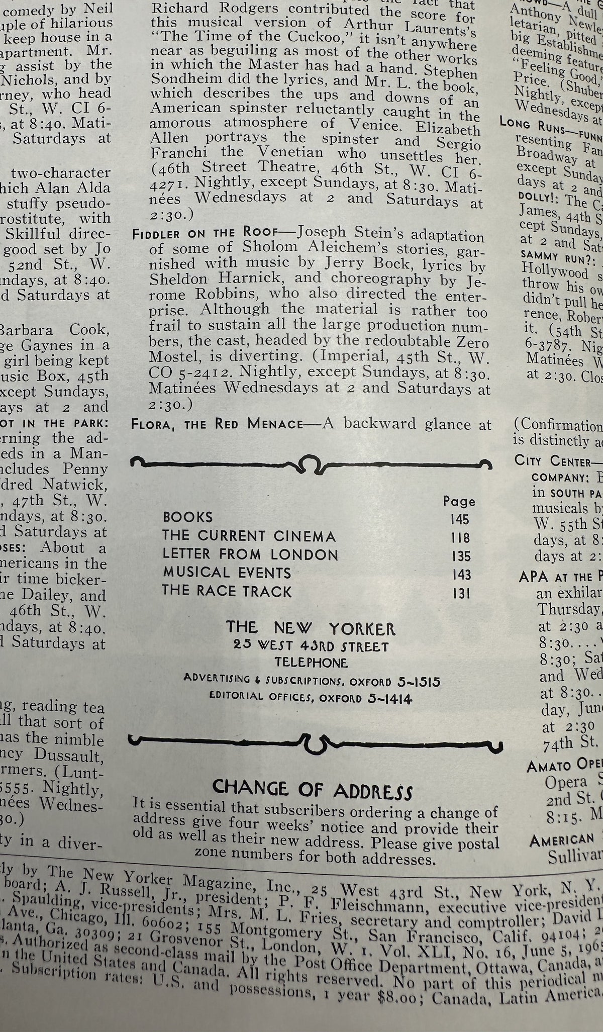 The New Yorker Magazine June 5, 1965 Golf Course Putting Perry Barlow Cover interior table of contents page listing Books, The Current Cinema, Letter from London, Musical Events, and The Race Track