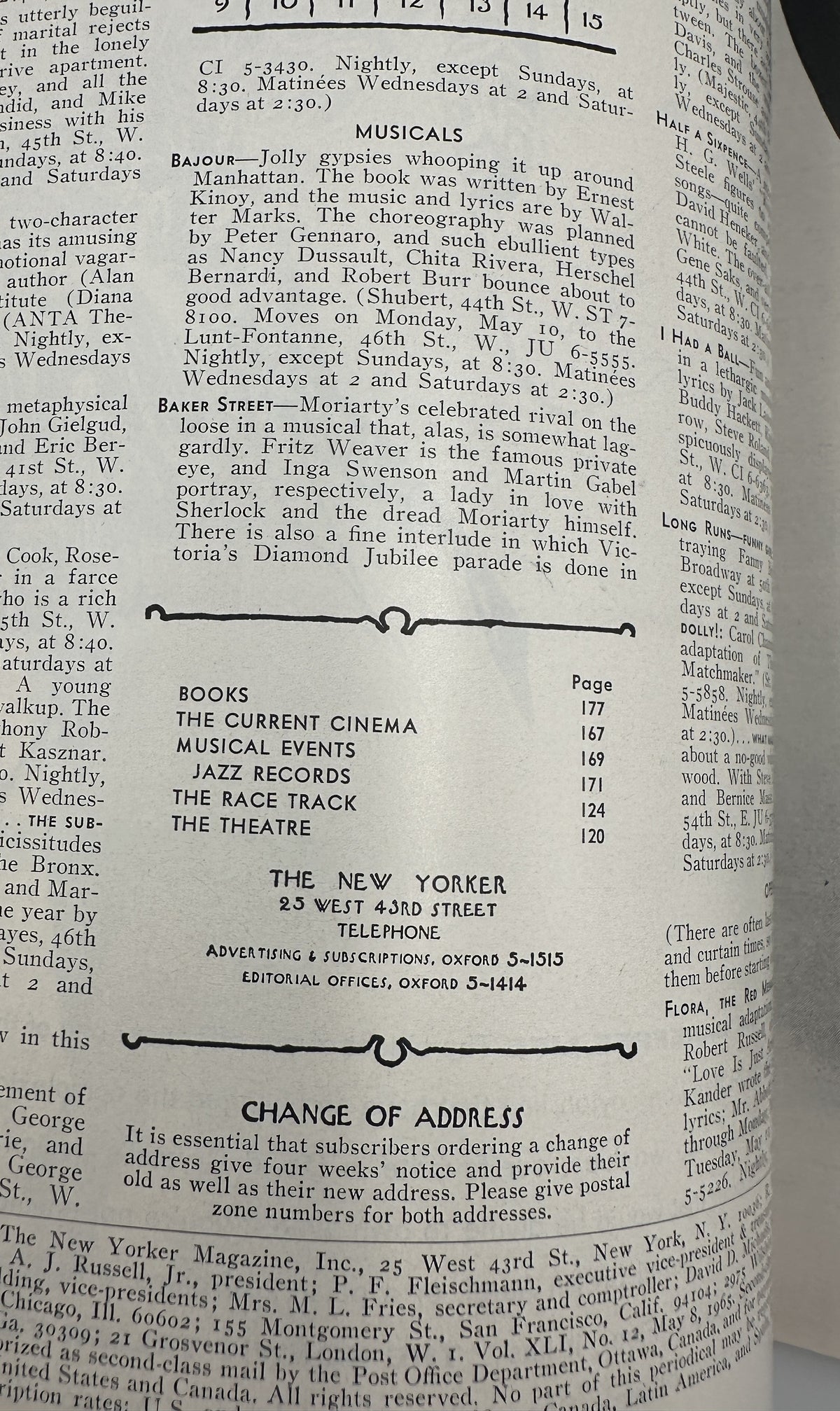 The New Yorker Magazine May 8, 1965 Rooster Farm Sunrise Country William Steig Cover VG, open to the contents page listing books, cinema, music, jazz, racing, and theatre sections.