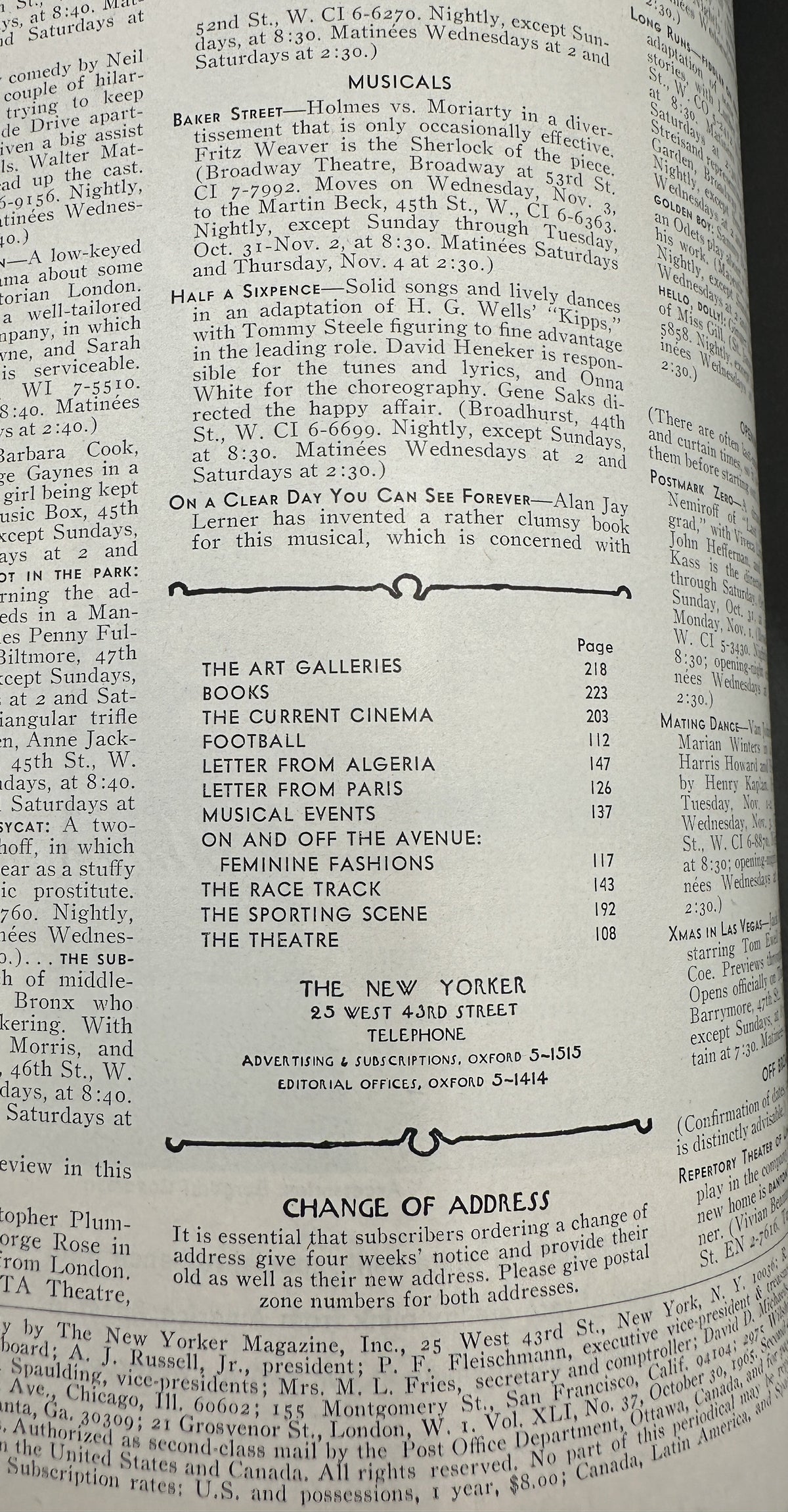 Interior page of The New Yorker Magazine October 30, 1965 Full Moon Witch Halloween Laura Jean Allen VG showing the table of contents and editorial listings.