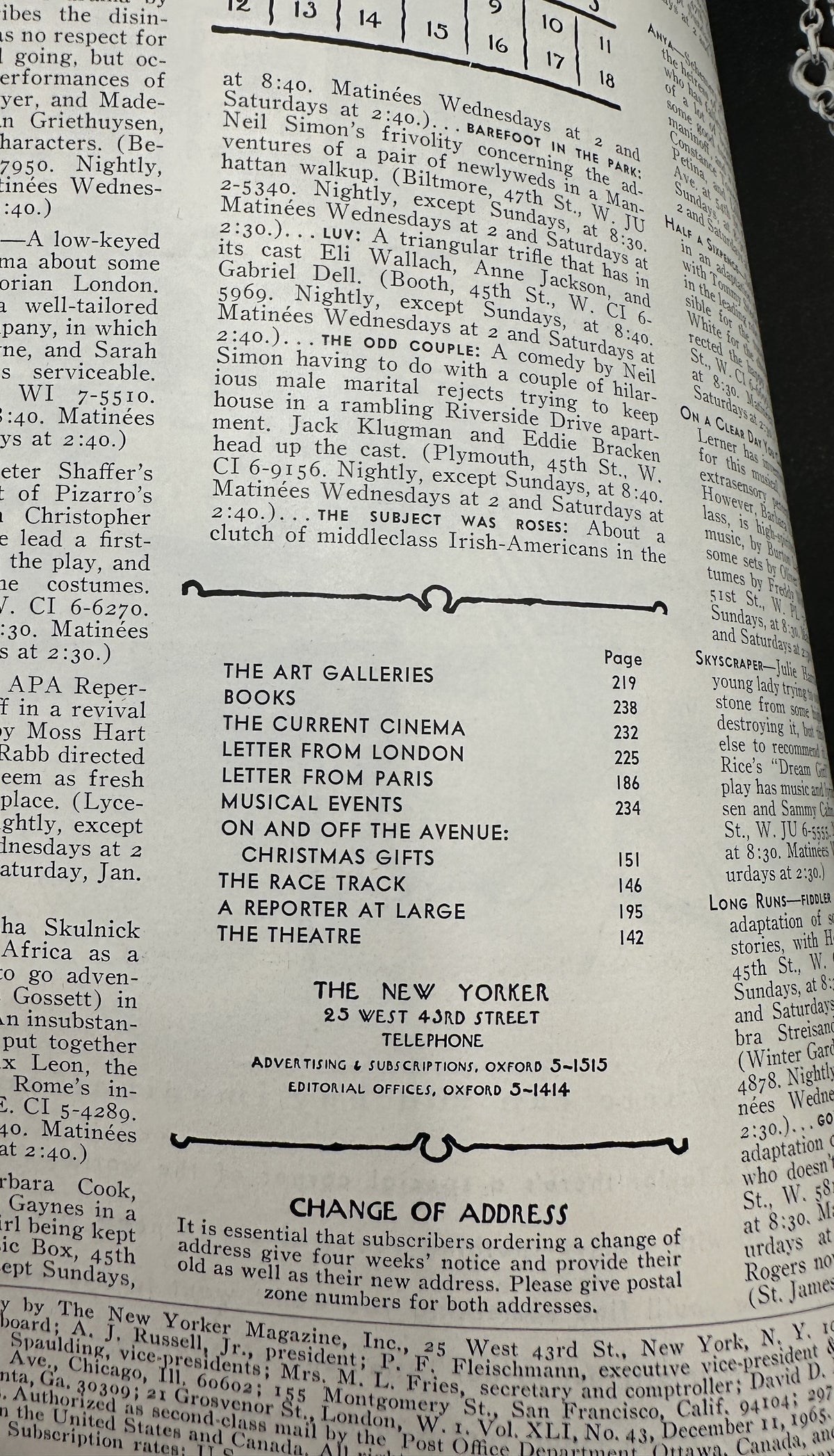 The New Yorker Magazine December 11, 1965 Holiday Gift Boxes Charles Martin Cover showing the printed table of contents and magazine listings
