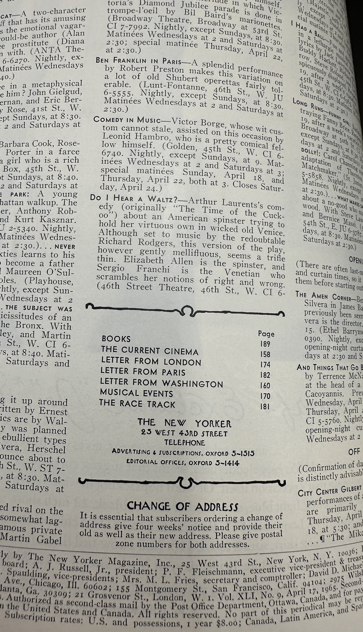 The New Yorker Magazine April 17, 1965 Easter Bunny Rabbit Peter Arno Cover, interior table of contents page listing books, cinema, London, Paris, Washington, musical events, and the race track.