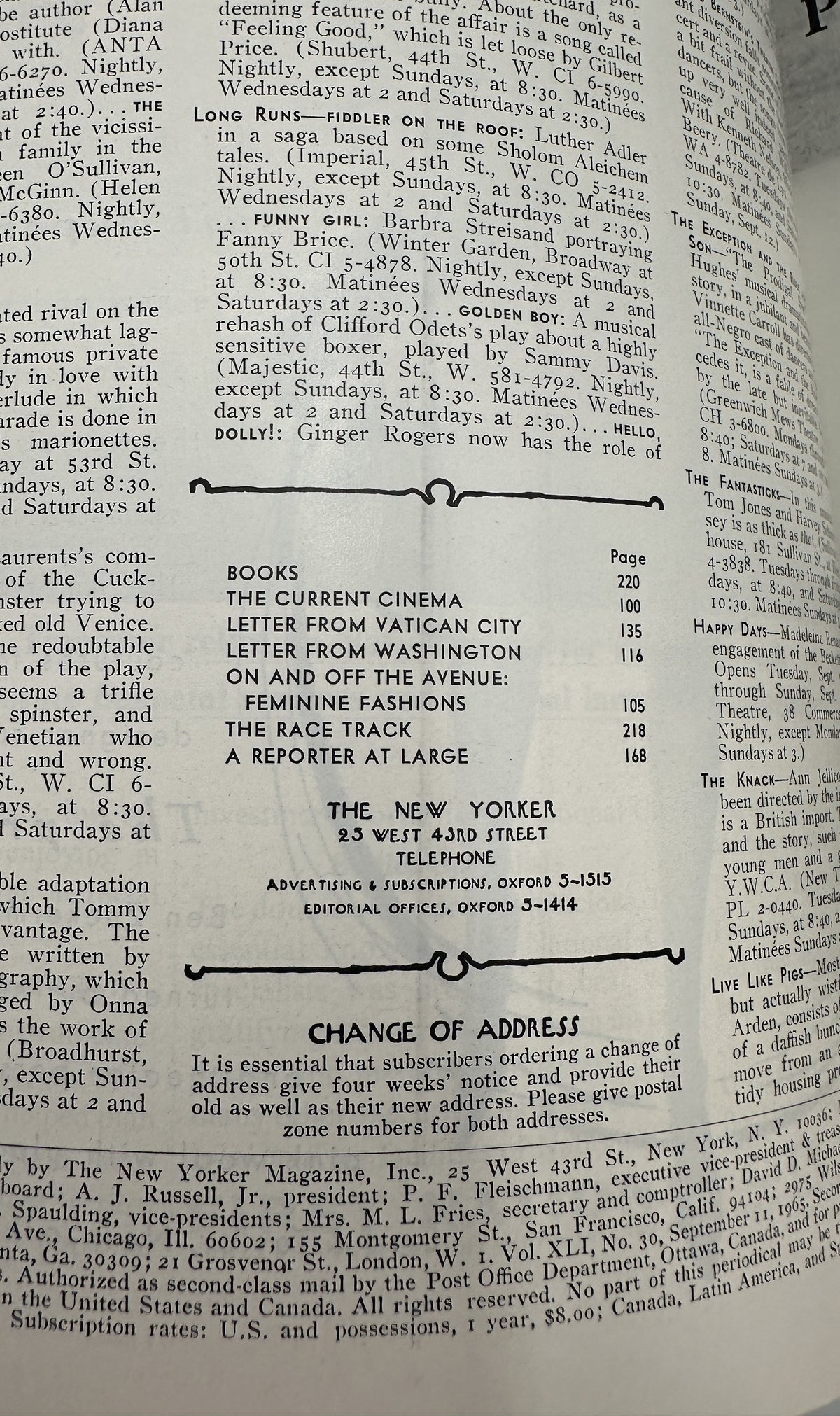 The New Yorker Magazine September 11, 1965 Wall Street Newspaper Charles Martin Cover VG interior page showing the table of contents, feature listings, and change of address notice