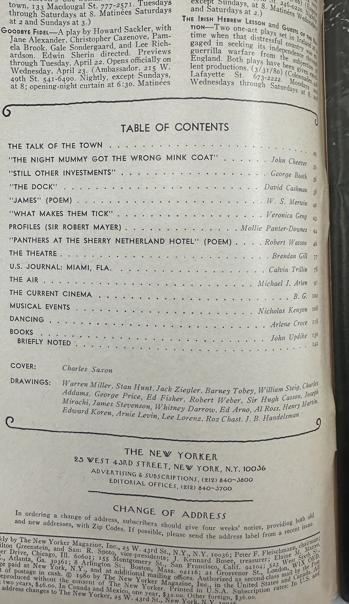 The New Yorker Magazine April 21, 1980 Fashion Photo Shoot Charles Saxon Cover VG, showing the printed table of contents and magazine article listings.
