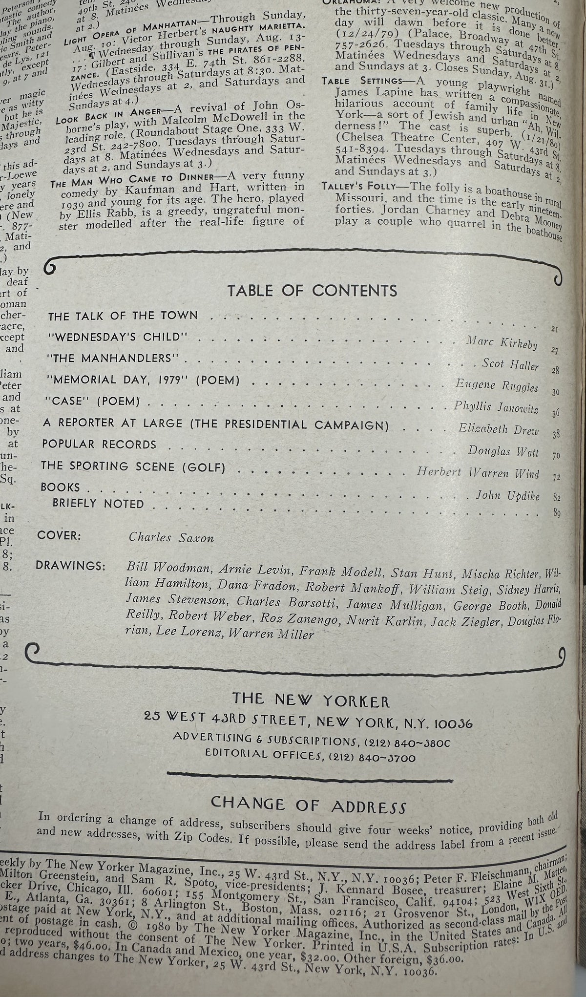 The New Yorker Magazine August 11, 1980 Campaign Rally Charles Saxon Cover VG, interior table of contents page listing articles, poems, presidential campaign coverage, books, sports, and cartoons.