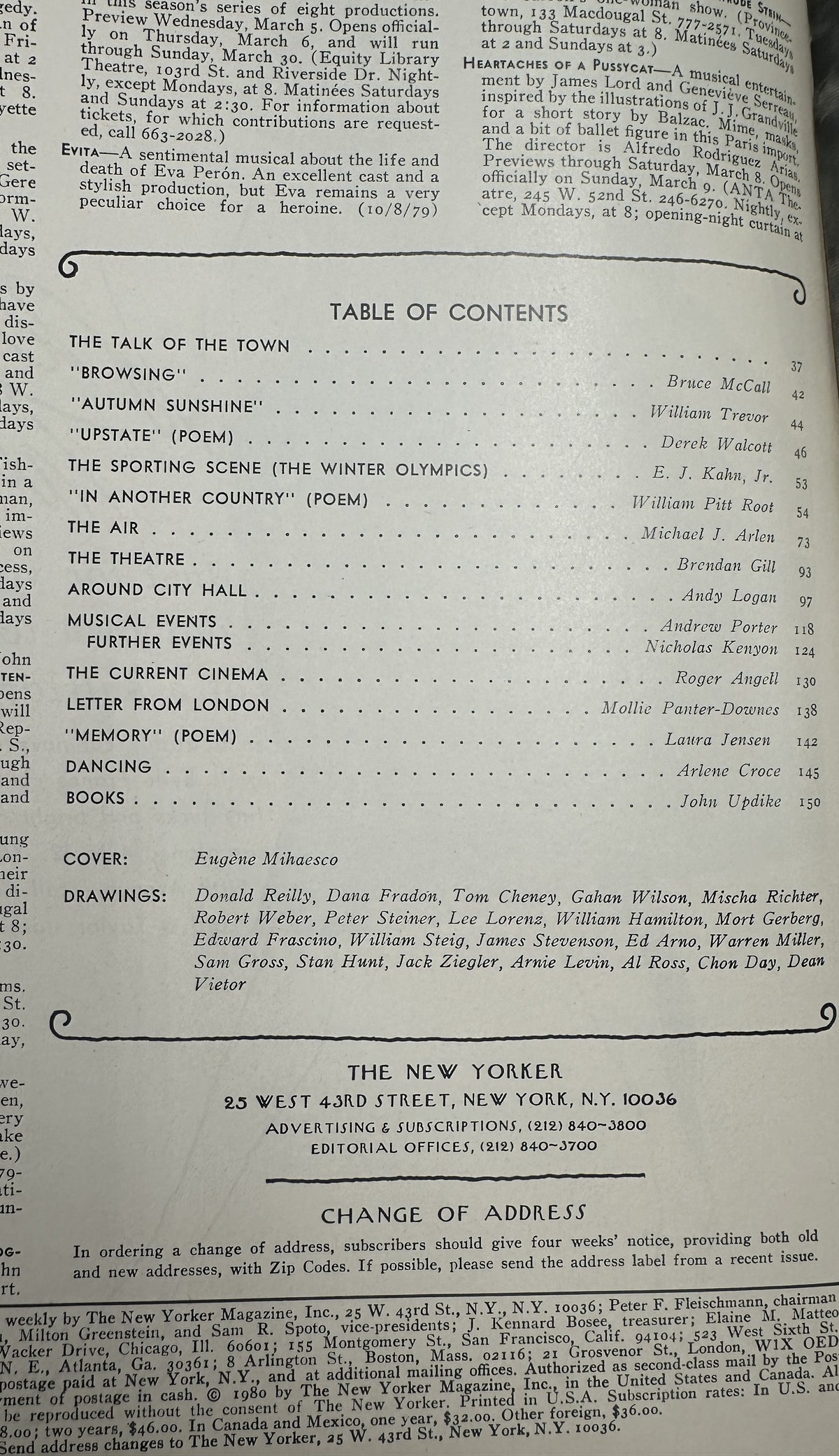 The New Yorker Magazine March 10, 1980 Snowy Mailbox Bird Eugène Mihaesco Cover VG, showing the magazine table of contents and contributor listings.