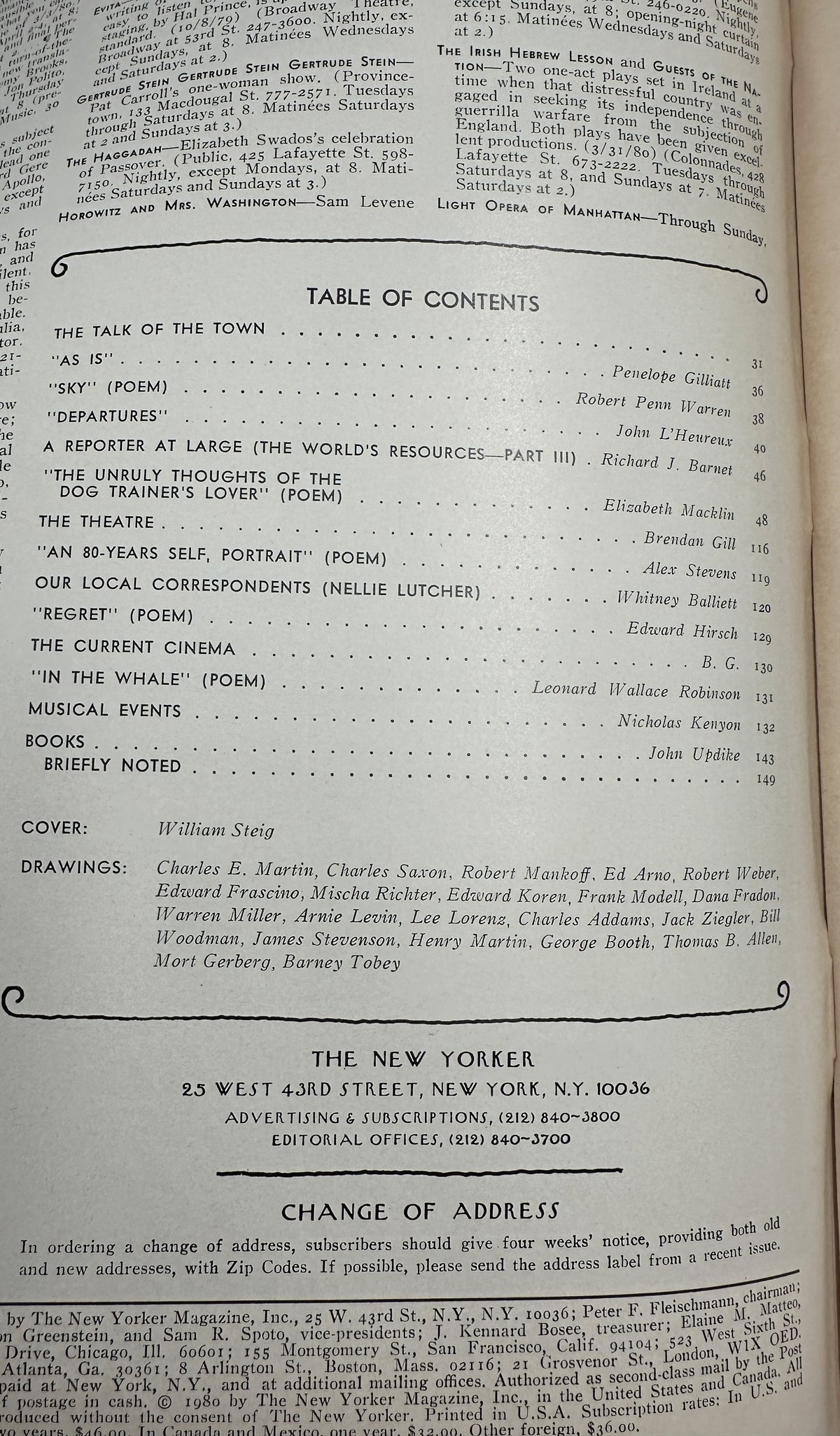 The New Yorker Magazine April 7, 1980 Spring Garden Portrait William Steig Cover VG, showing the magazine table of contents and publication information page.