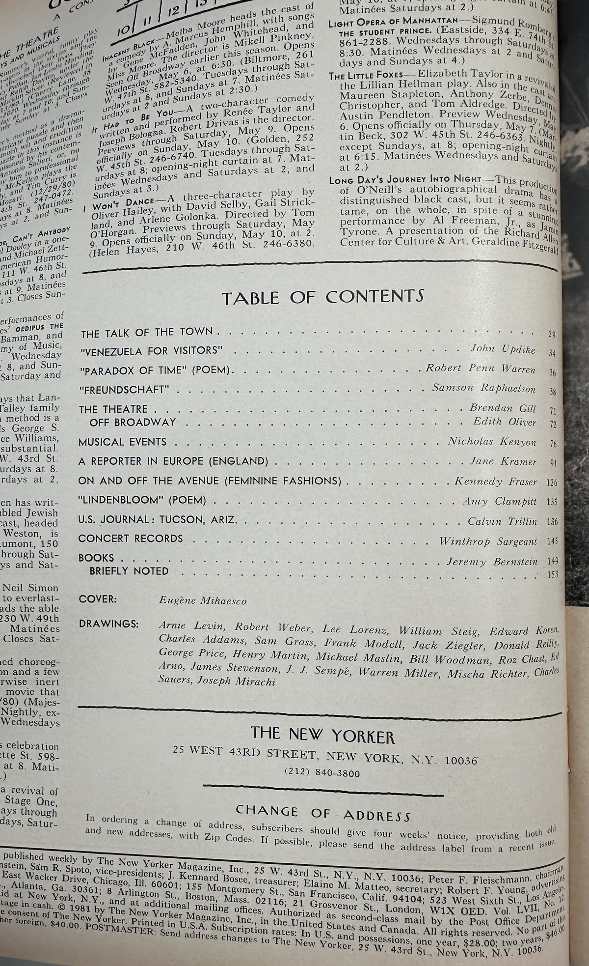 The New Yorker Magazine May 11, 1981 City Fountain Plaza Eugène Mihaesco Cover VG, open to the Table of Contents page listing articles, poems, theater coverage, fashion, books, and other features.