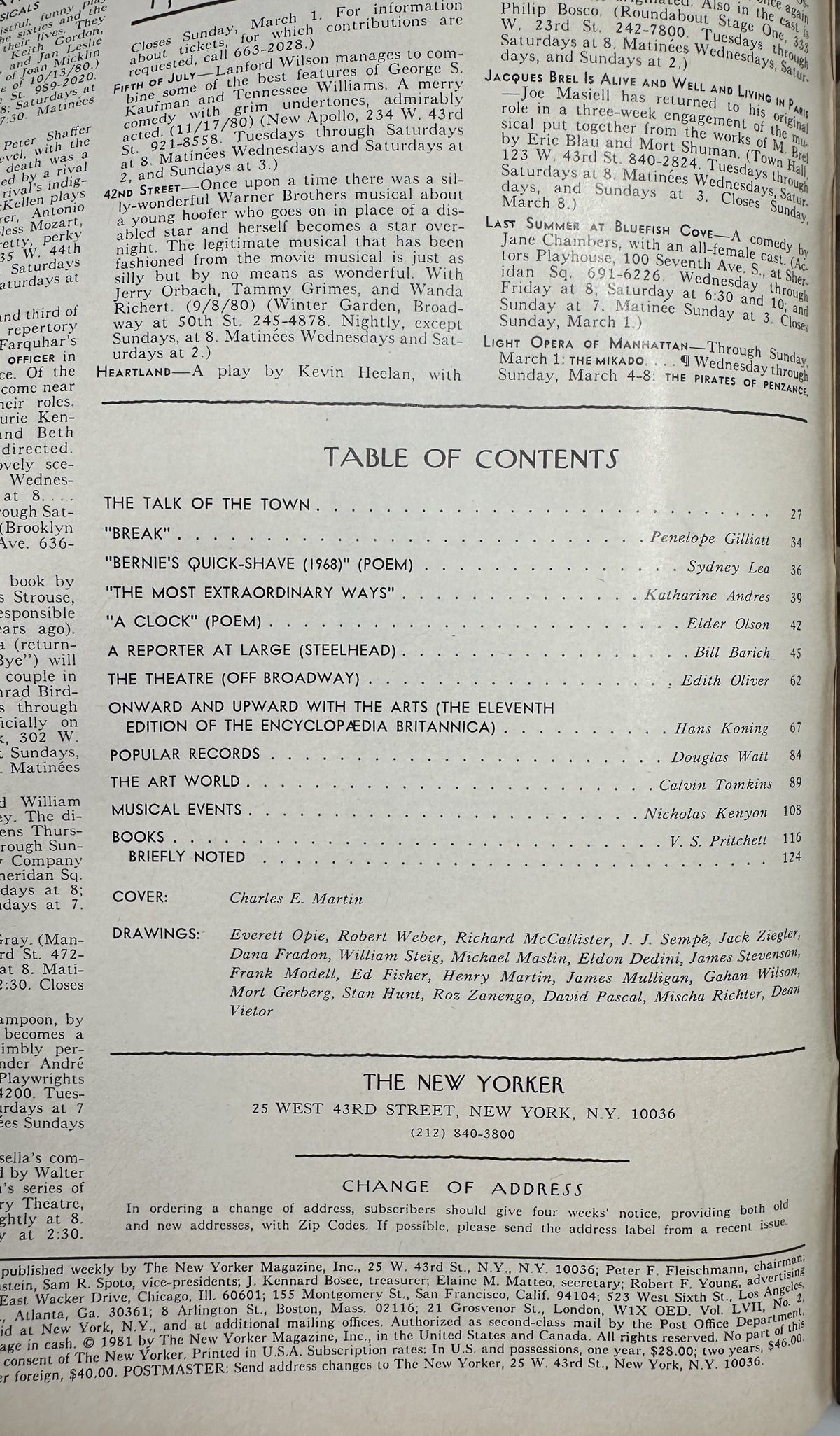 The New Yorker Magazine March 2, 1981 Arched Bridge Charles E. Martin Cover VG, interior table of contents page with articles, poems, reviews, and page numbers