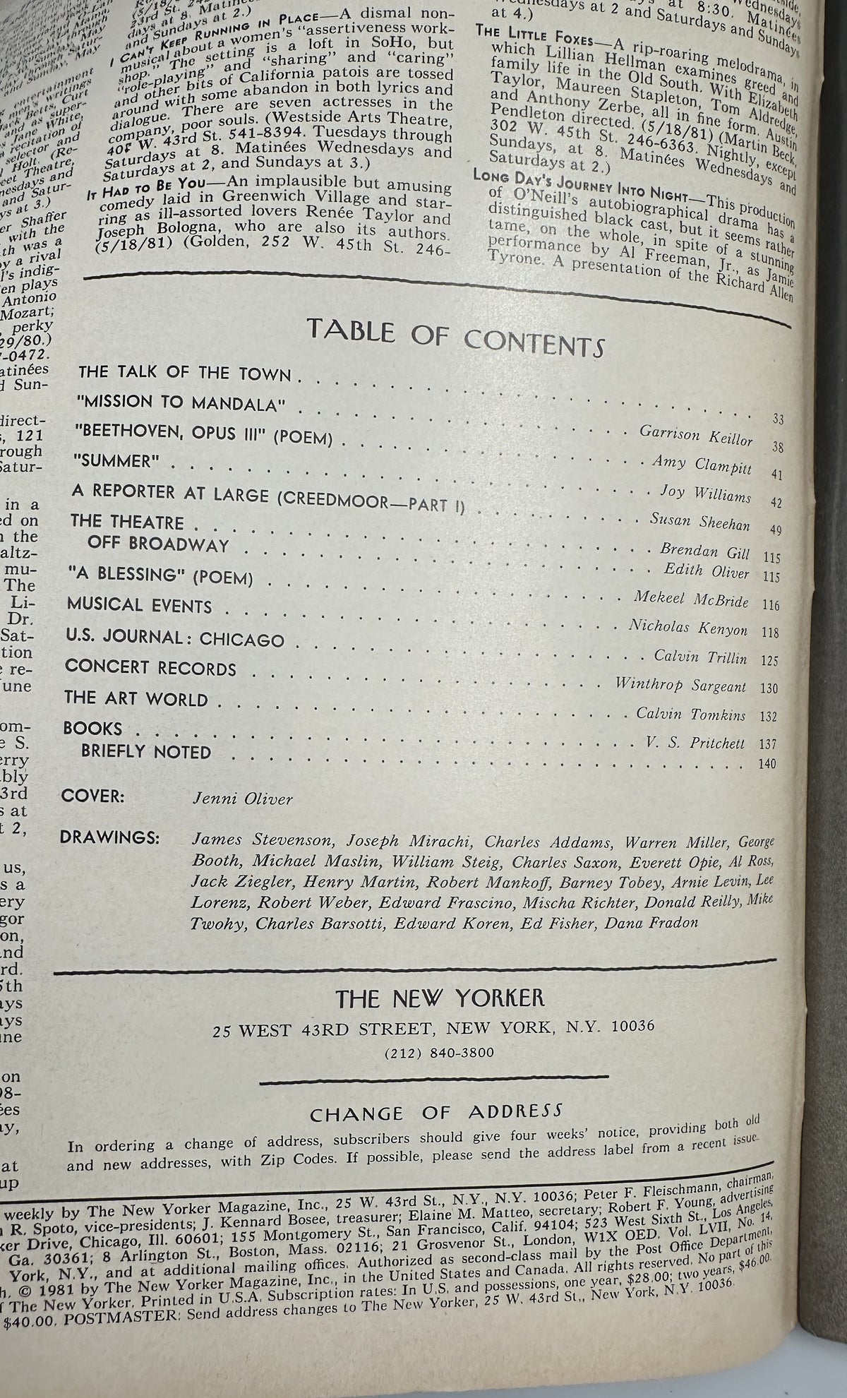 The New Yorker Magazine May 25, 1981 Floral Still Life Jenni Oliver Cover opened to the printed table of contents page, showing featured articles, poems, theater, music, books, and contributor listings.