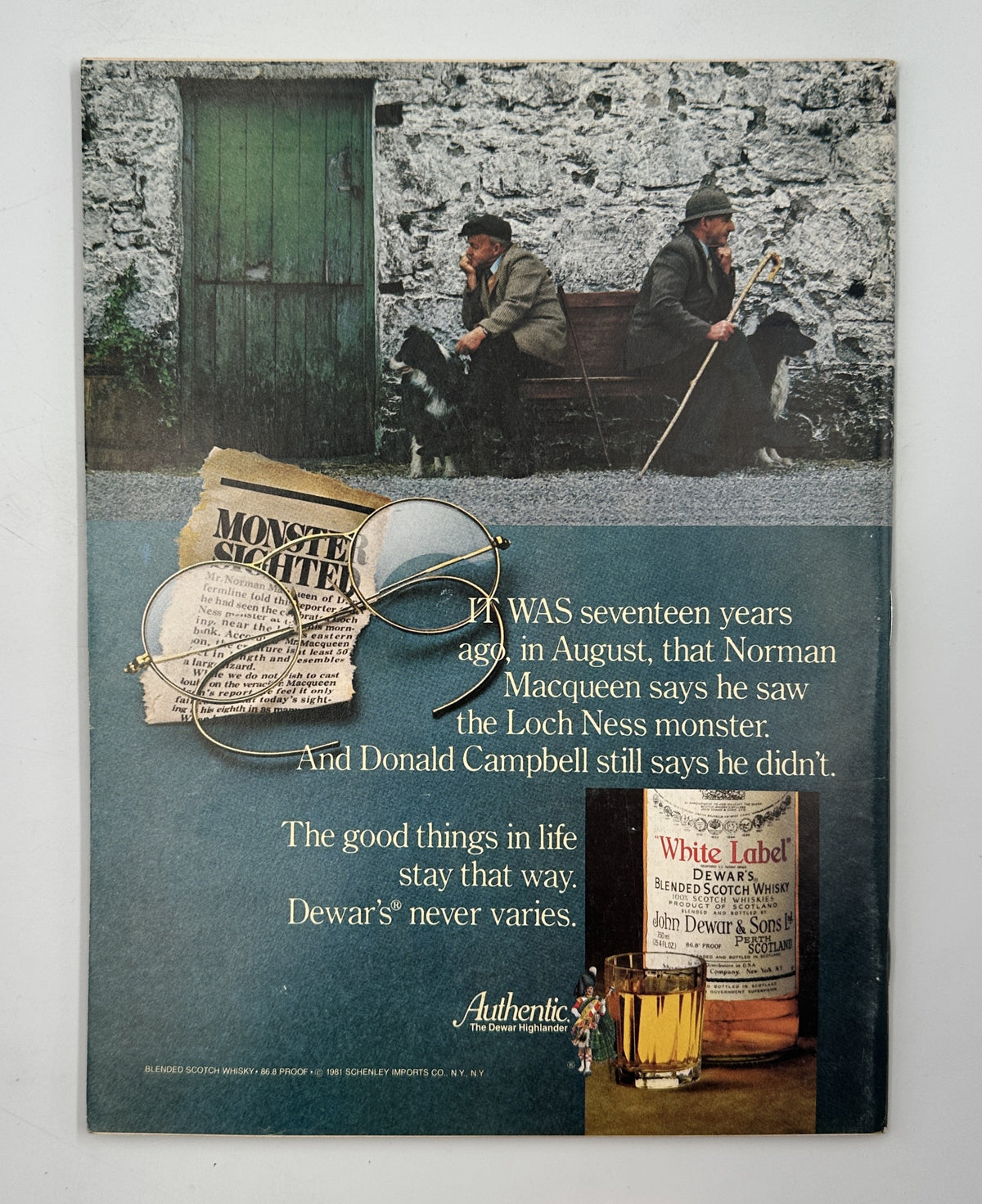The New Yorker Magazine May 25, 1981 Floral Still Life Jenni Oliver Cover, featuring a vintage Dewar's White Label whisky advertisement with two men outdoors, a floral still-life-style layout, eyeglasses, and printed advertising text.