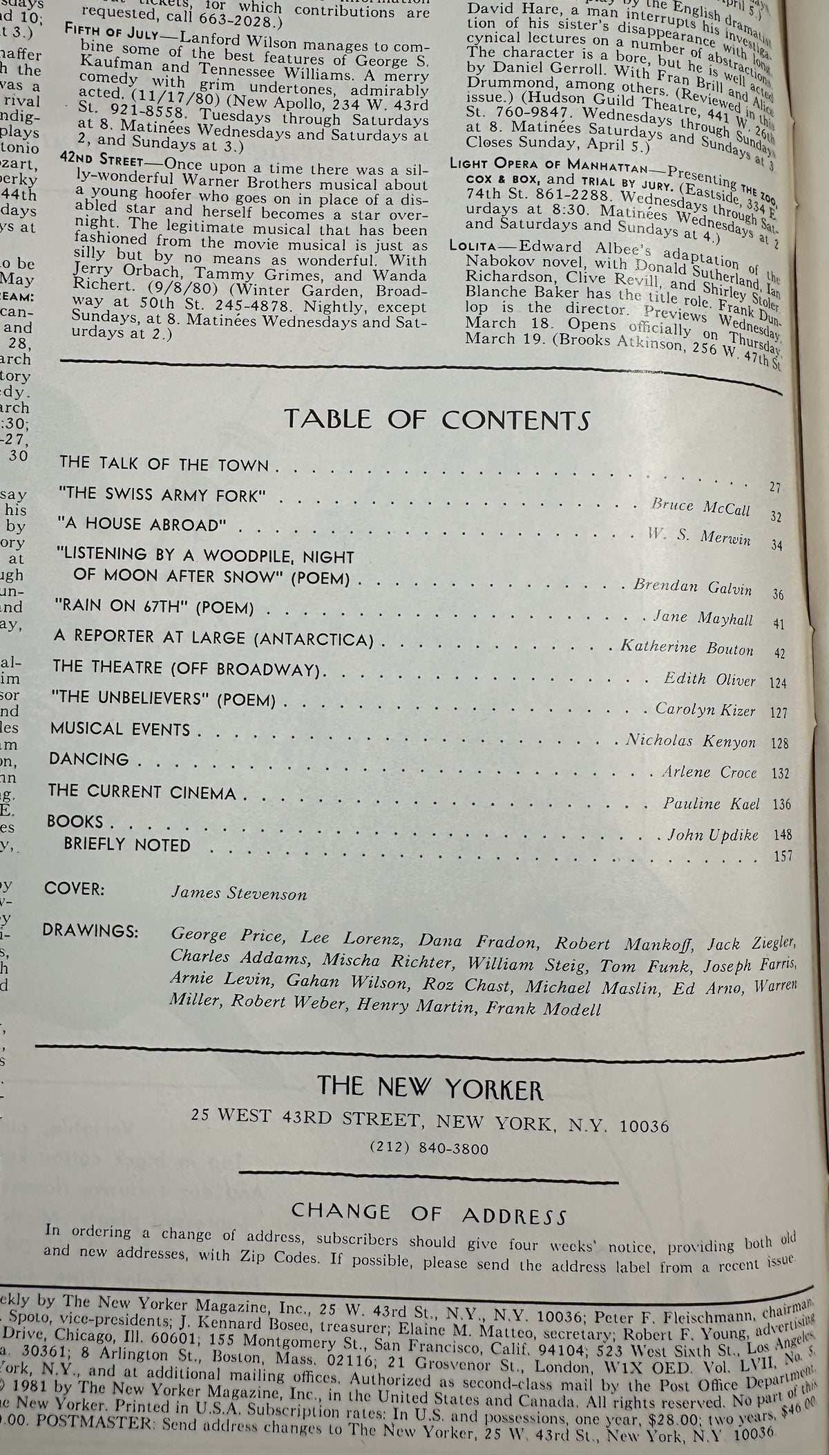 The New Yorker Magazine March 23, 1981 Park Bench Couple James Stevenson Cover, interior table of contents page showing articles, poems, departments, cover credit, and cartoonist drawings list.
