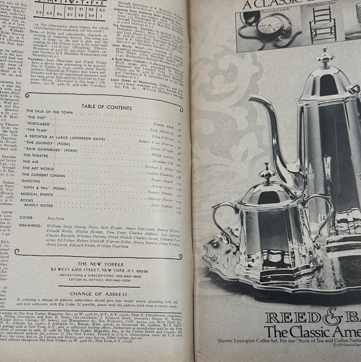 The New Yorker Magazine February 25, 1980 Top Hat Butterfly Rea Irvin Cover interior contents page shown beside a vintage silver tea and coffee service advertisement.