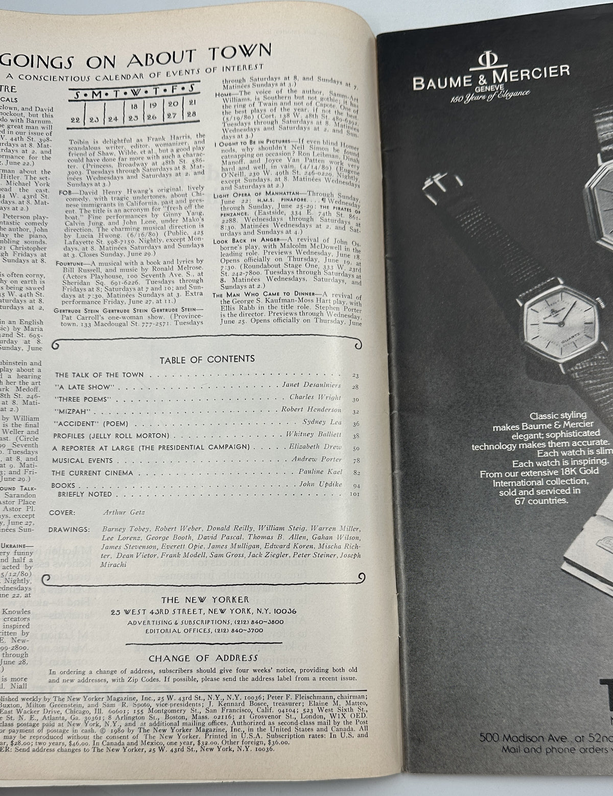 The New Yorker Magazine June 23, 1980 Barn Loft Interior Arthur Getz Cover opened to the contents page beside a Baume & Mercier watch advertisement.