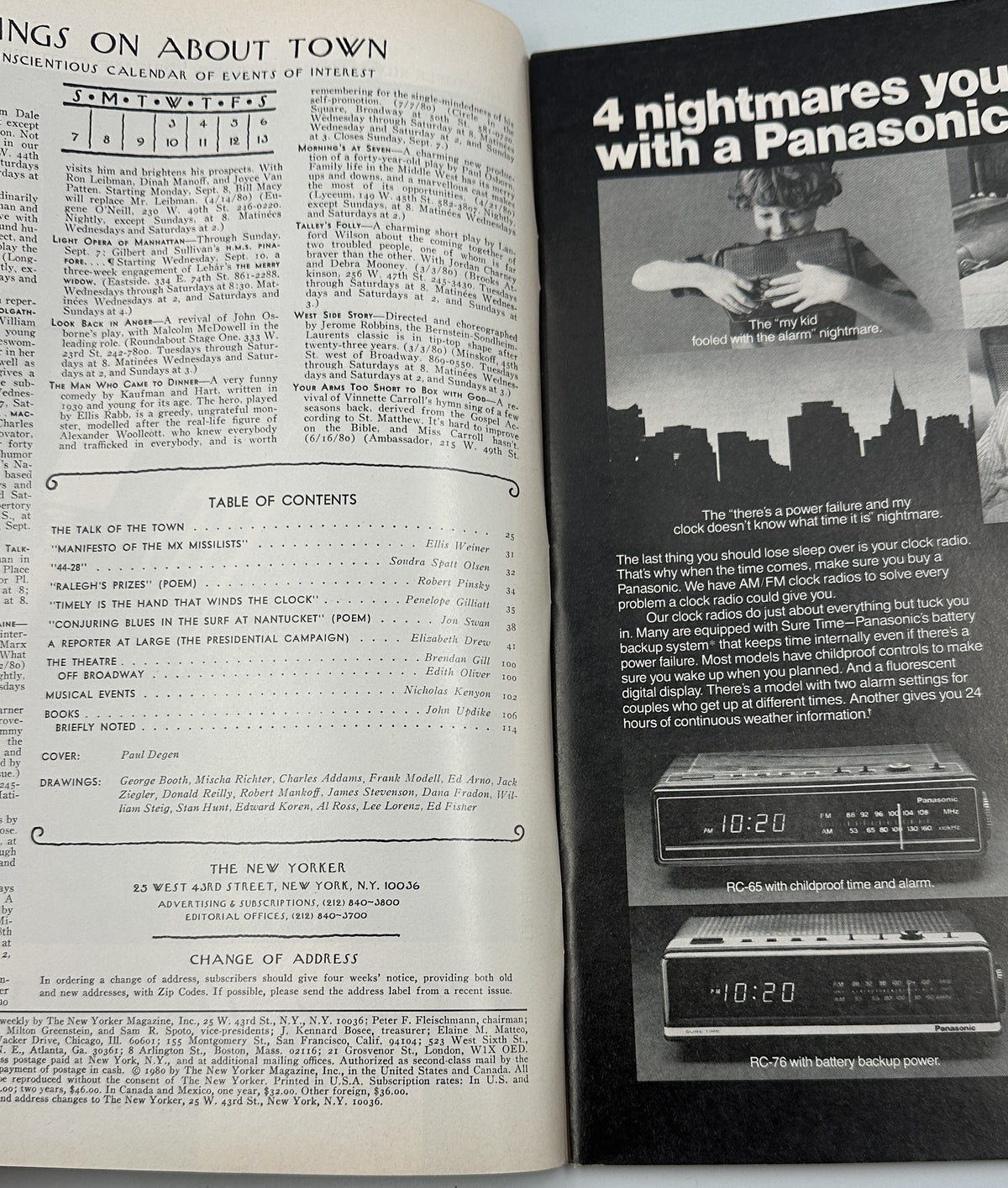 The New Yorker Magazine September 8, 1980 Circus Ladder Act Paul Degen Cover, open to the table of contents beside a vintage Panasonic alarm clock advertisement