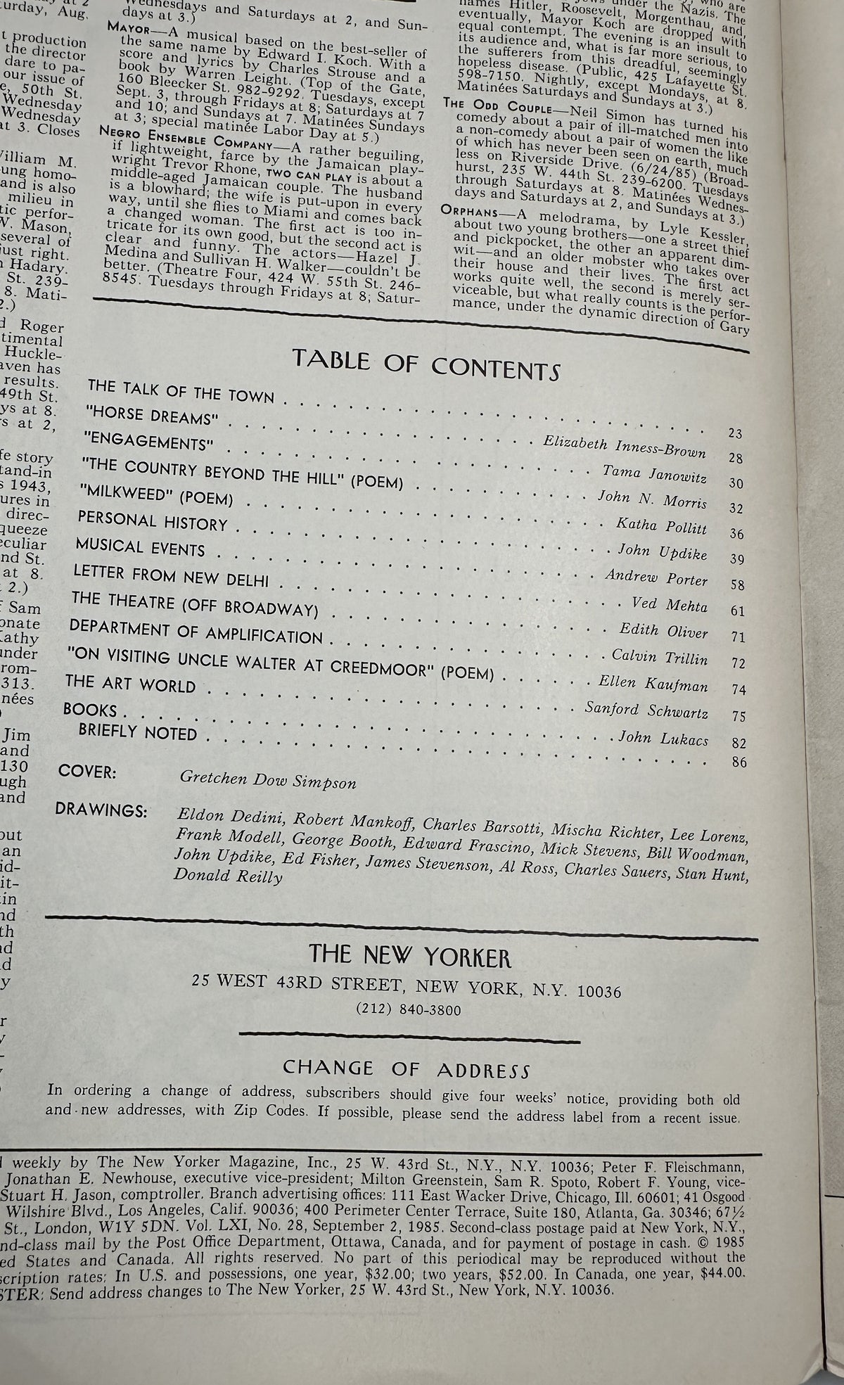 The New Yorker Magazine September 2, 1985 Seaside Walkway Gretchen Dow Simpson Cover table of contents page featuring listings for articles, poems, departments, books, and drawings