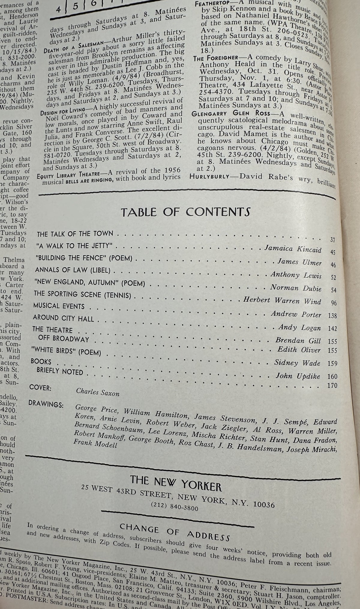 The New Yorker Magazine November 5, 1984 Campaign Headquarters Charles Saxon Cover, showing an interior Table of Contents page with listed articles, poems, reviews, contributors, and publication details.