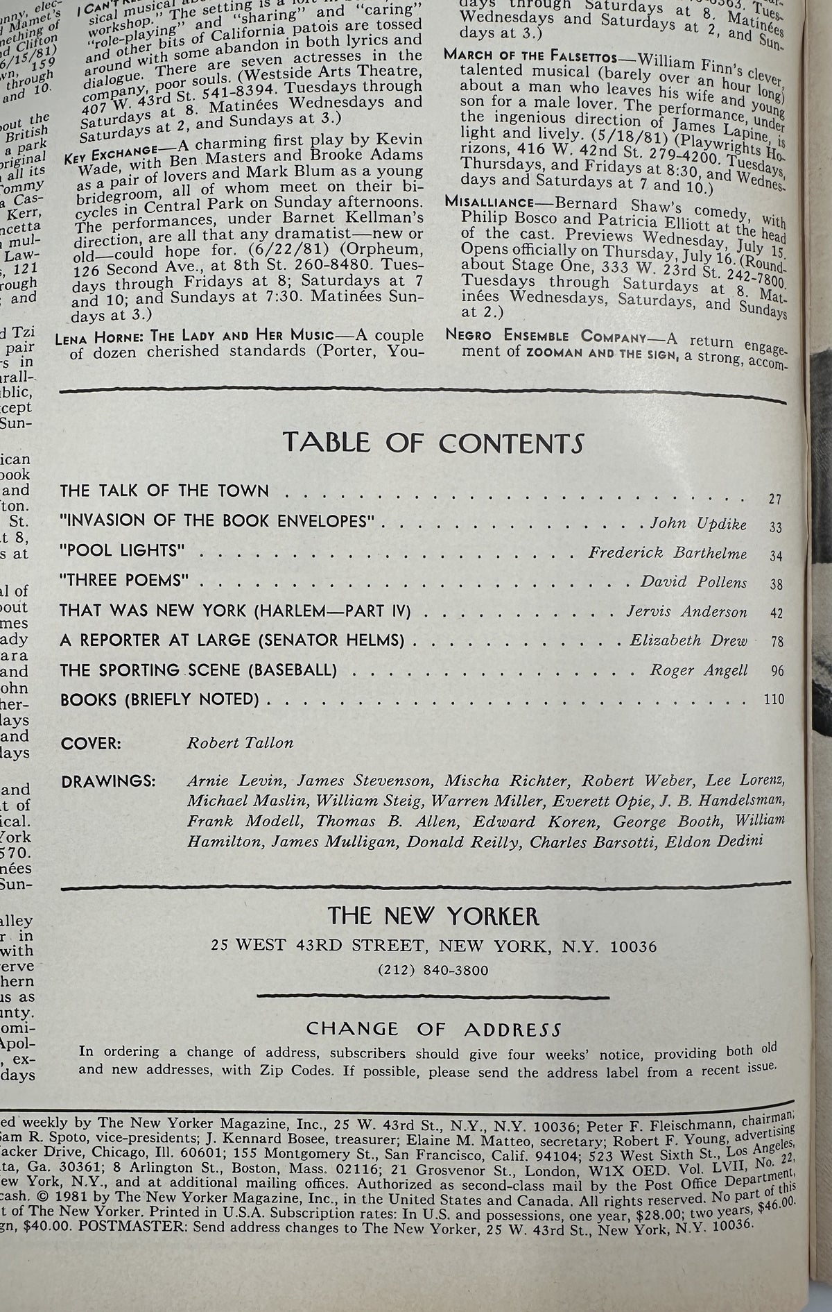 The New Yorker Magazine July 20, 1981 Diving Board Swimmer Robert Tallon Cover, open to the Table of Contents and publication details page.