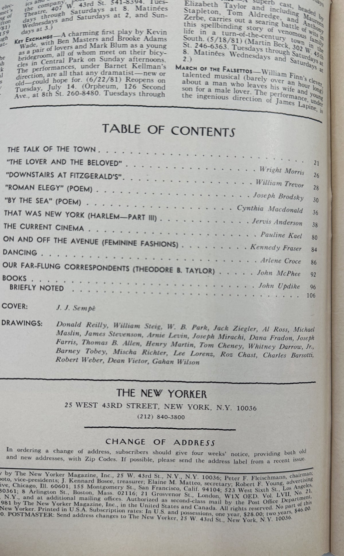 The New Yorker Magazine July 13, 1981 Floral Interior J. J. Sempé Cover VG, interior table of contents page listing articles, poems, reviews, and contributors.