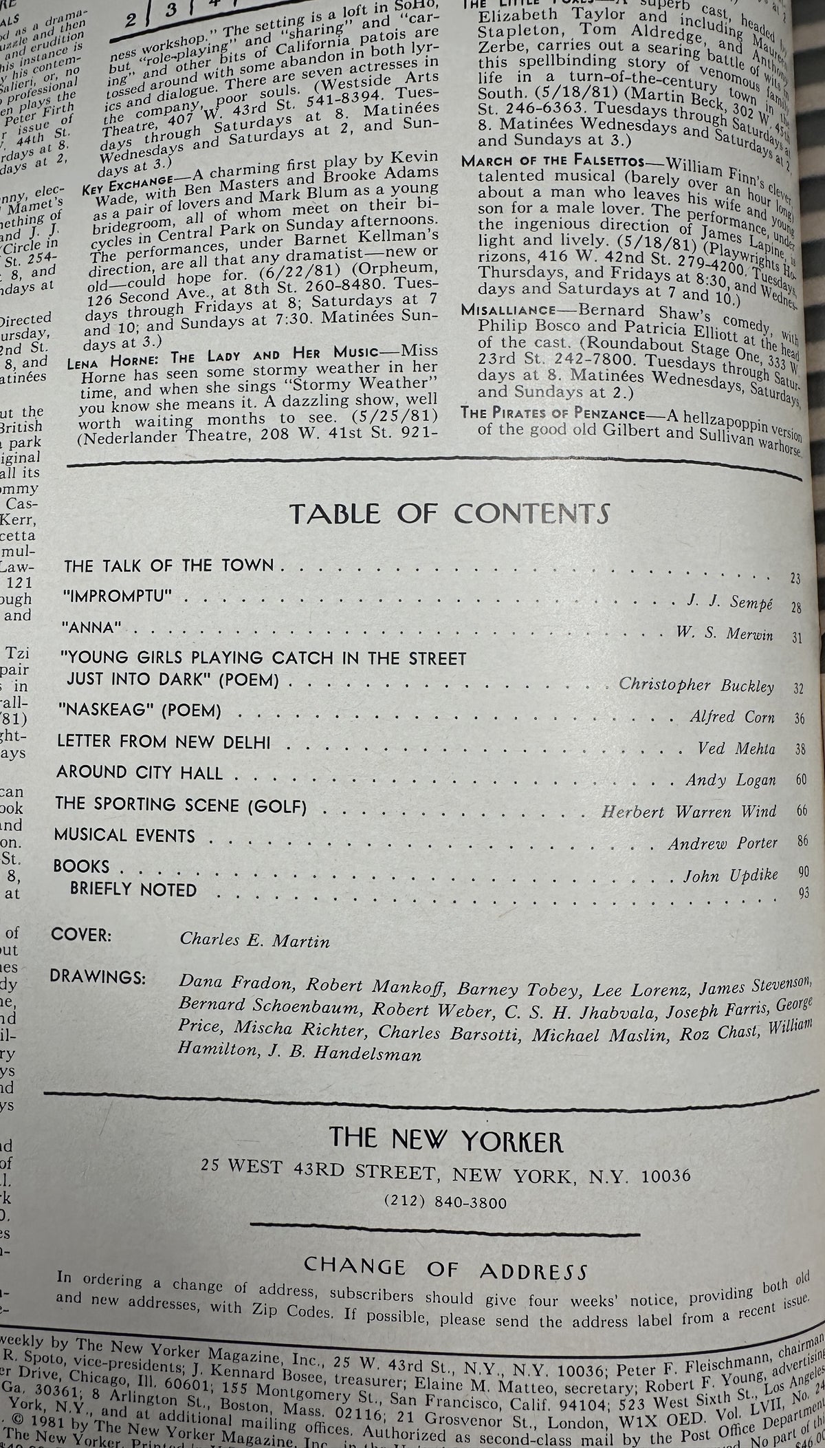 The New Yorker Magazine August 3, 1981 Harbor Dock Gate Charles E. Martin Cover VG, interior table of contents page listing articles, poems, departments, cover artist, and contributing cartoonists.
