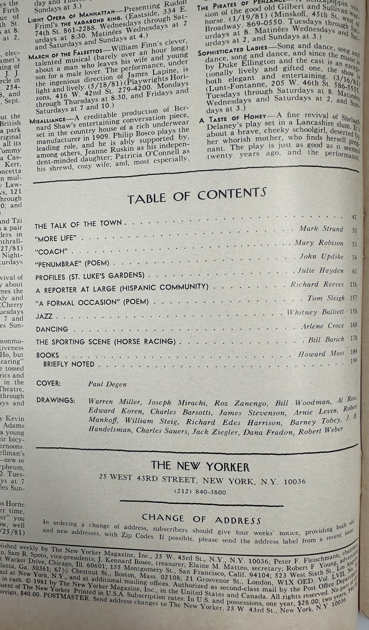The New Yorker Magazine September 14, 1981 Geometric City Figures Paul Degen Cover VG, interior table of contents page listing fiction, poetry, profiles, jazz, dancing, books, and other articles.