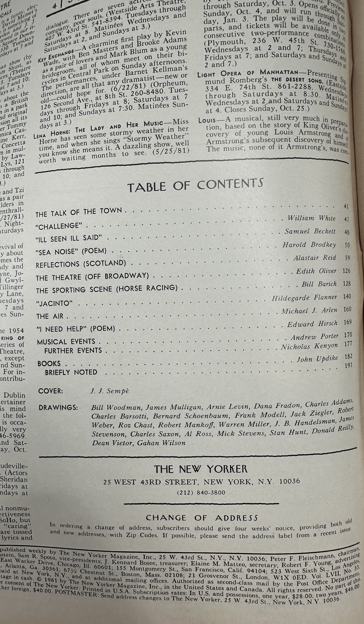 Table of contents page from The New Yorker Magazine October 5, 1981 Theater Curtain J. J. Sempé Cover VG, featuring articles, poems, theater, music, books, cover credit, and cartoonist listings.