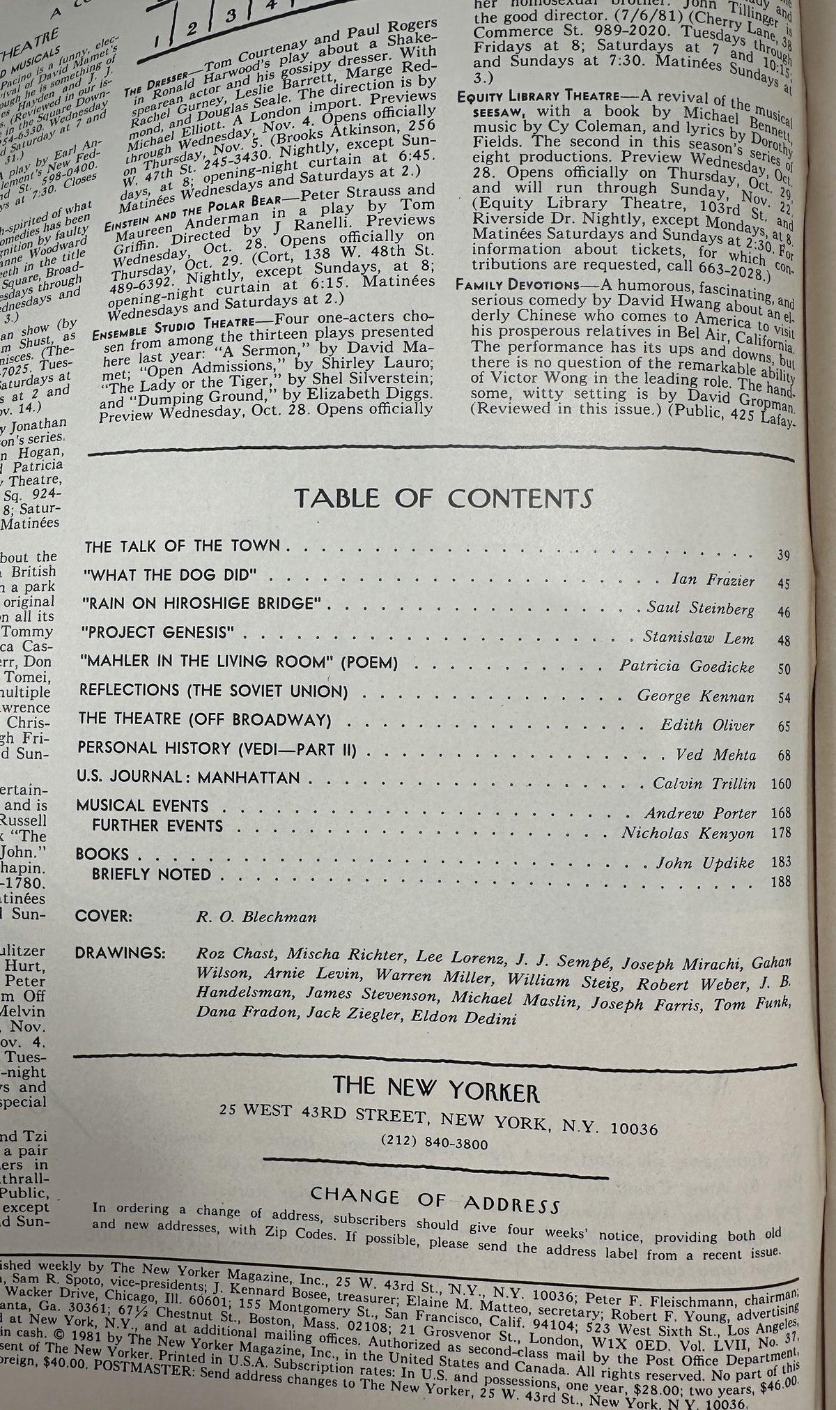 The New Yorker Magazine November 2, 1981 Monster Robot Windows R. O. Blechman Cover VG, interior table of contents page with articles, authors, and page numbers