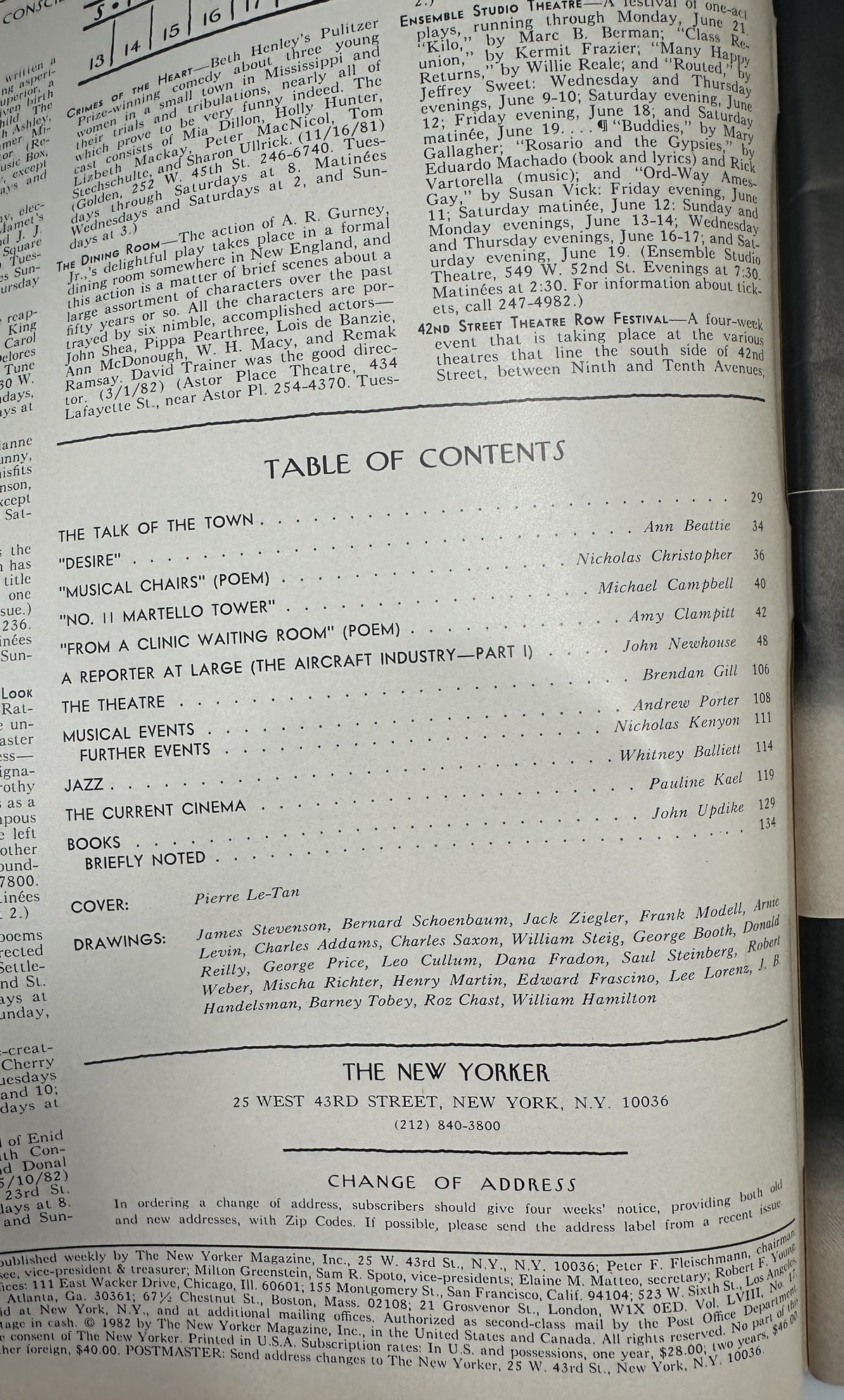 The New Yorker Magazine June 14, 1982 Pottery Shelf Display Pierre Le-Tan Cover VG, showing the issue's table of contents and feature listings.
