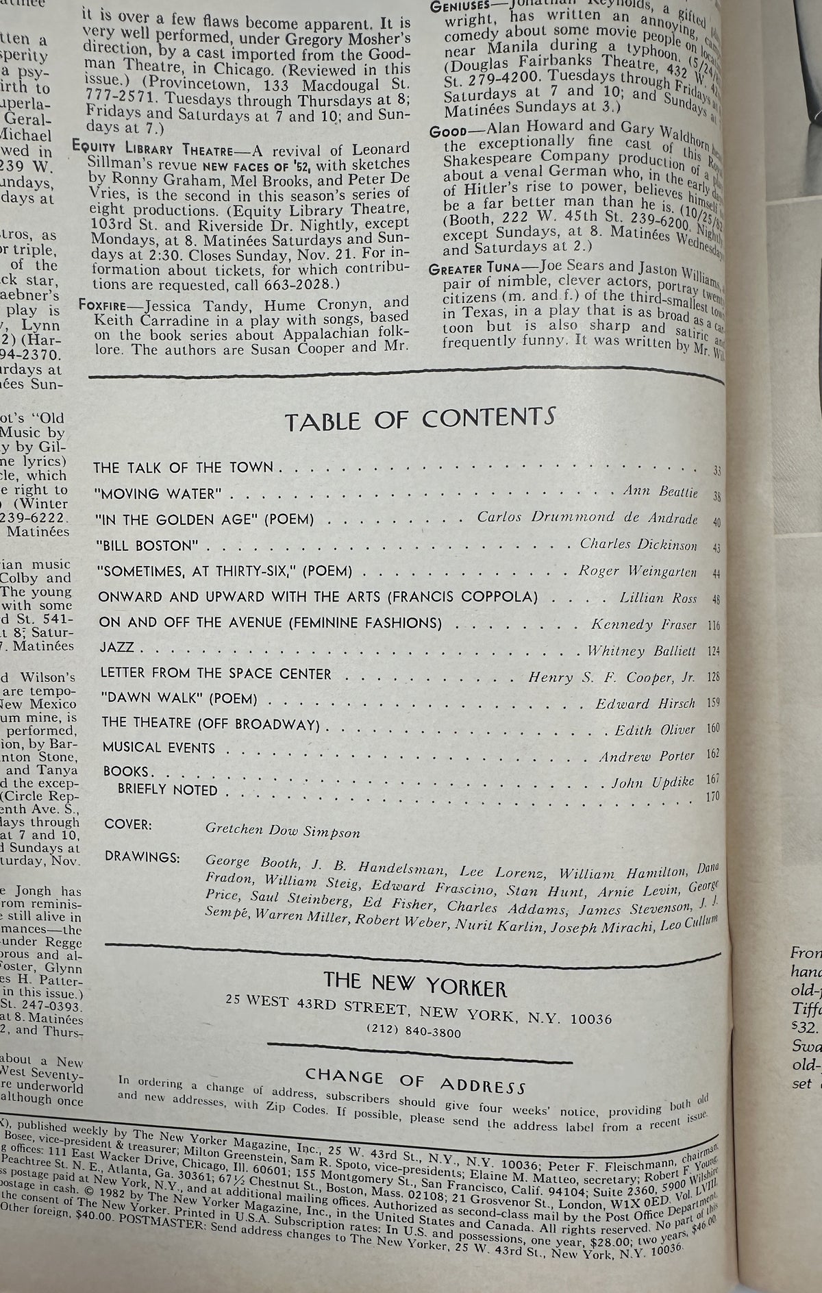 The New Yorker Magazine November 8, 1982 Brick Stairway Building Gretchen Dow Simpson VG, interior table of contents page with articles, poems, and departments
