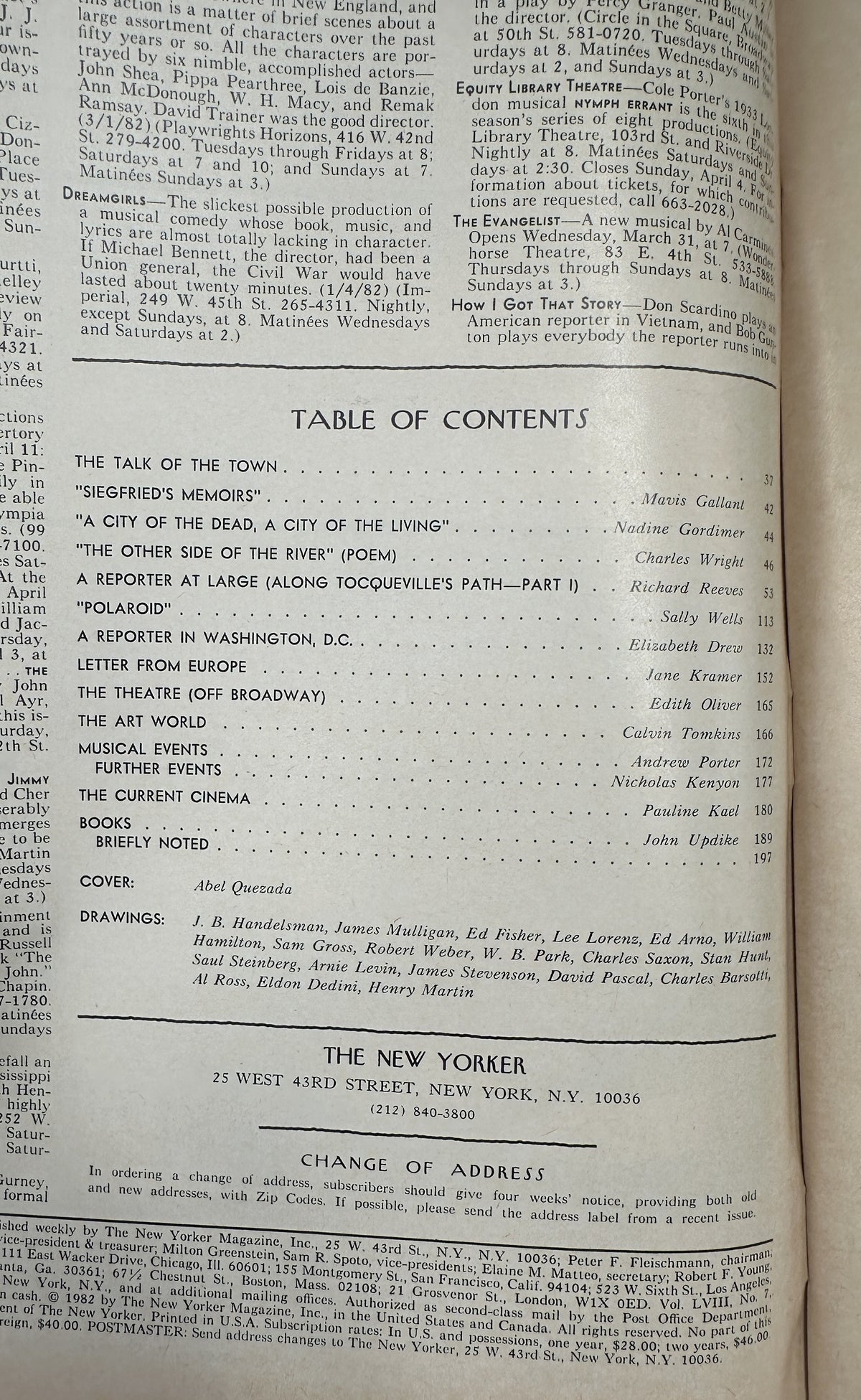 The New Yorker Magazine April 5, 1982 Rita's Chili Parlor Abel Quezada Cover VG, interior table of contents page with listed articles, poems, reviews, and contributors.