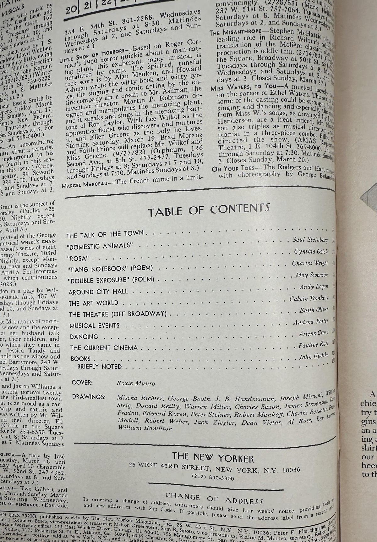 The New Yorker Magazine March 21, 1983 Office Window Exercise Roxie Munro Cover VG, interior table of contents page listing articles, departments, contributors, cover artist Roxie Munro, and cartoon drawings.