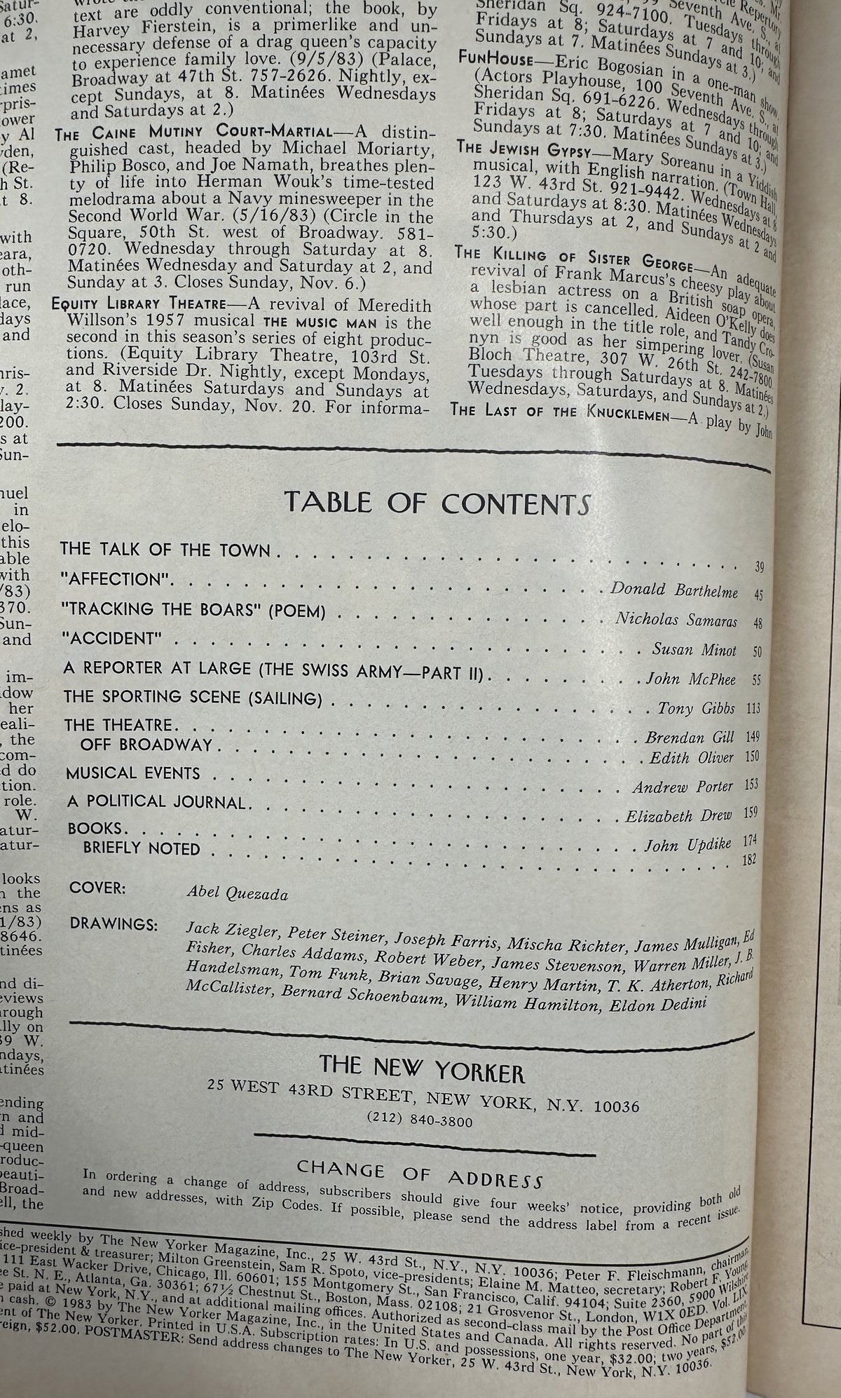 The New Yorker Magazine November 7, 1983 Empty Orchestra Stage Abel Quezada Cover VG showing the table of contents page with listed articles, poems, theater reviews, political journal, and book reviews.