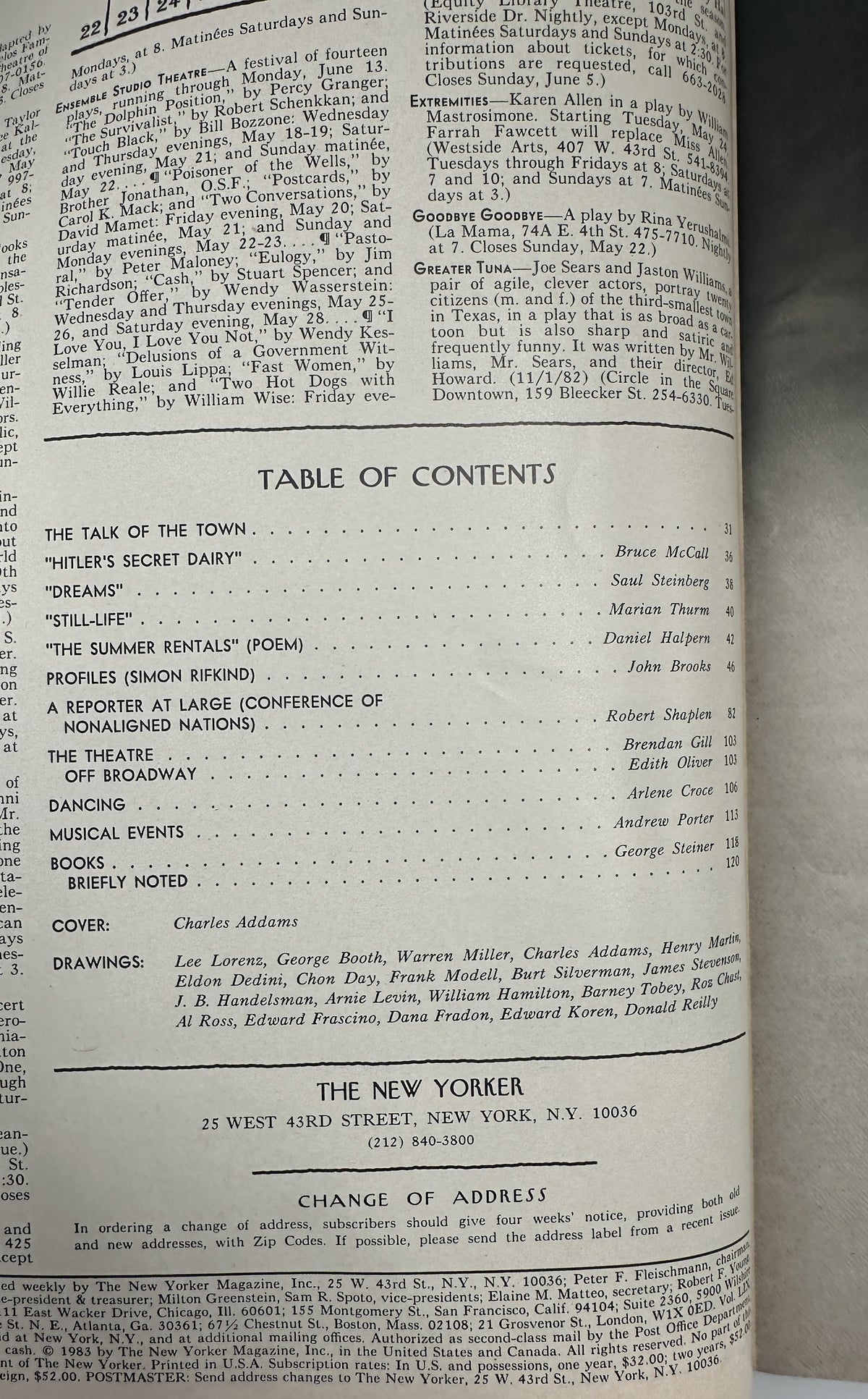 The New Yorker Magazine May 23, 1983 Bear Unicycle City Charles Addams Cover VG, showing the magazine table of contents with articles, departments, contributors, and Charles Addams cover credit.