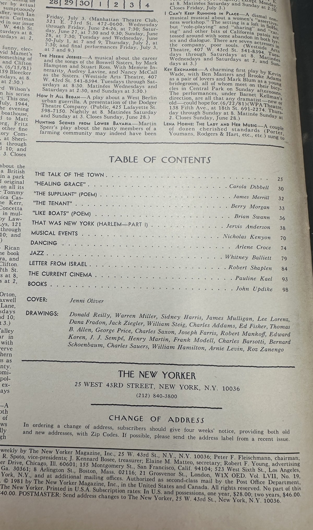 The New Yorker Magazine June 29, 1981 Wisteria Lantern Terrace Jenni Oliver Cover VG, interior table of contents page listing articles, poems, reviews, and contributors.