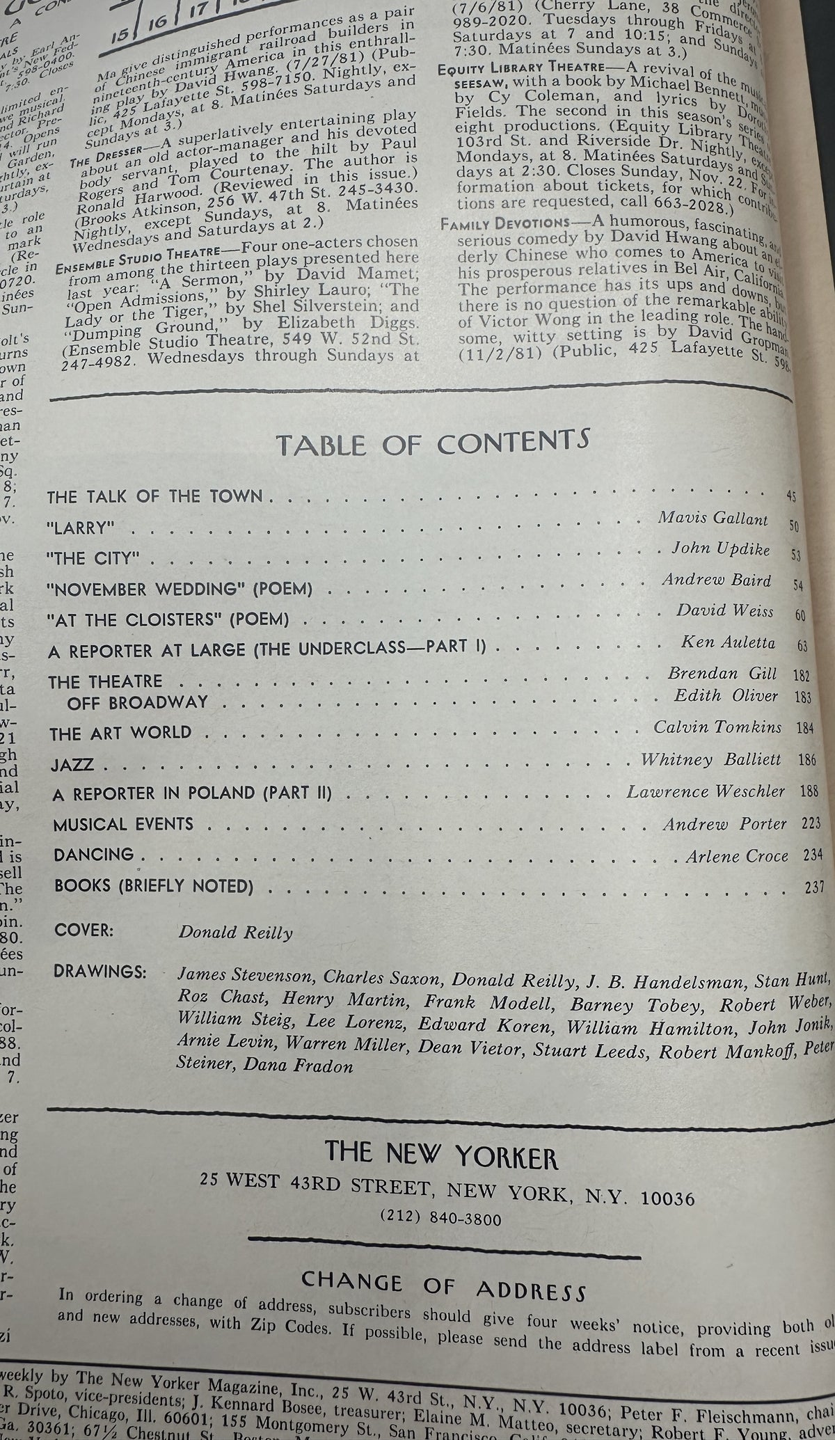 The New Yorker Magazine November 16, 1981 Green Apple Basket Donald Reilly Cover VG, interior table of contents page listing articles, poems, theater, art, jazz, and drawings.